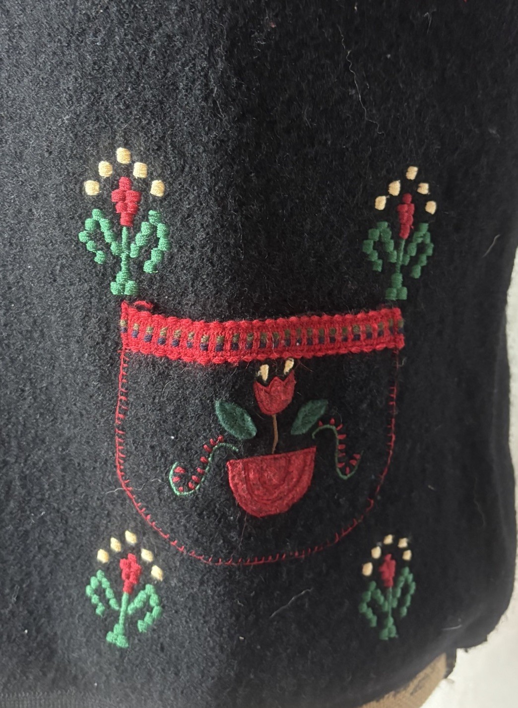 Vintage Sharon Young Boiled Wool Vest Black Red Green Appliqué Folk Christmas L