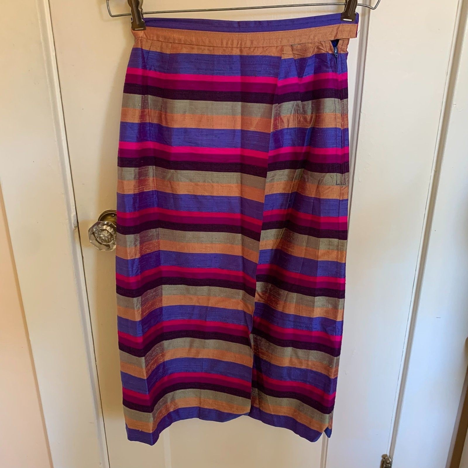 Vintage Thai Silk Striped Midi Skirt Purple Pink Gold Pencil Straight High Waist