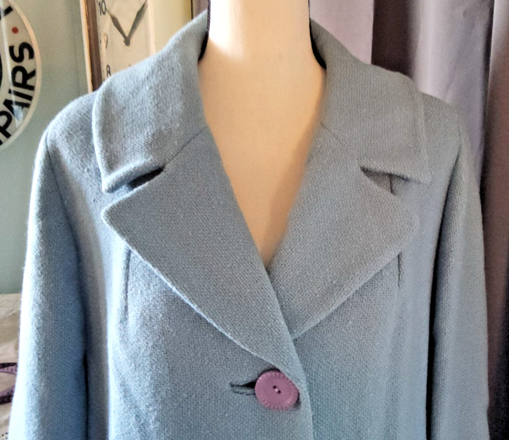 VTG BLUE WOOL COAT 1950s 60s. XL 1X Union Made, Lavender Buttons. Mrs Maisel MCM