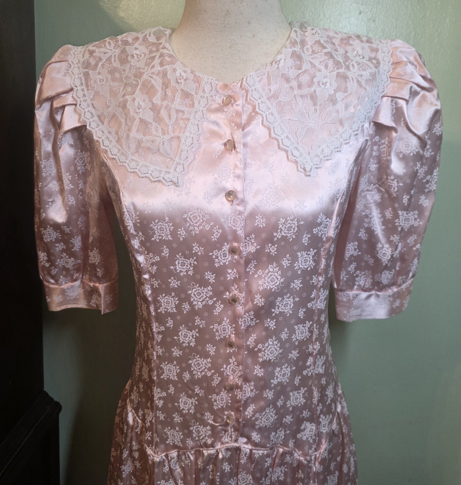 VTG 80s Joni Blair Romantic Lace Collar Pink Satin Dress Sz 7 Cottage Prairie