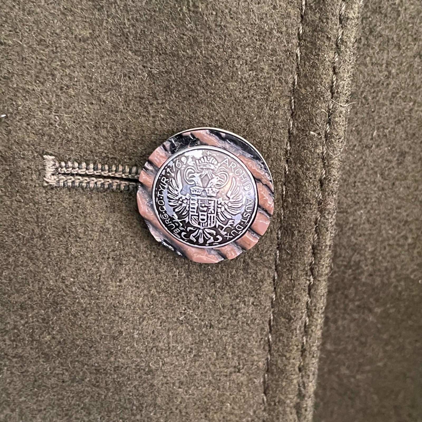 Salko Austria Tiroler Loden Wool Coat Forest Green Vintage A-Line Crest Buttons