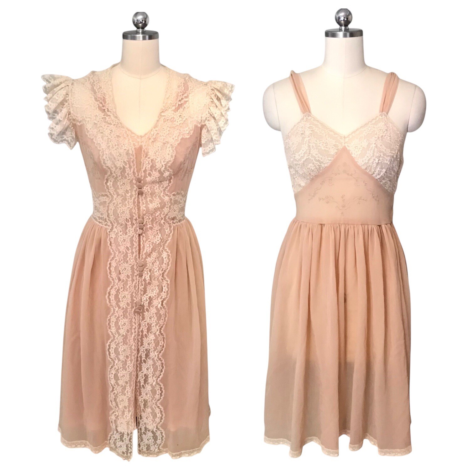 VTG Chiffon Babydoll Peignoir Set Sheer Lace Ruffle Romantic Victorian Women’s S