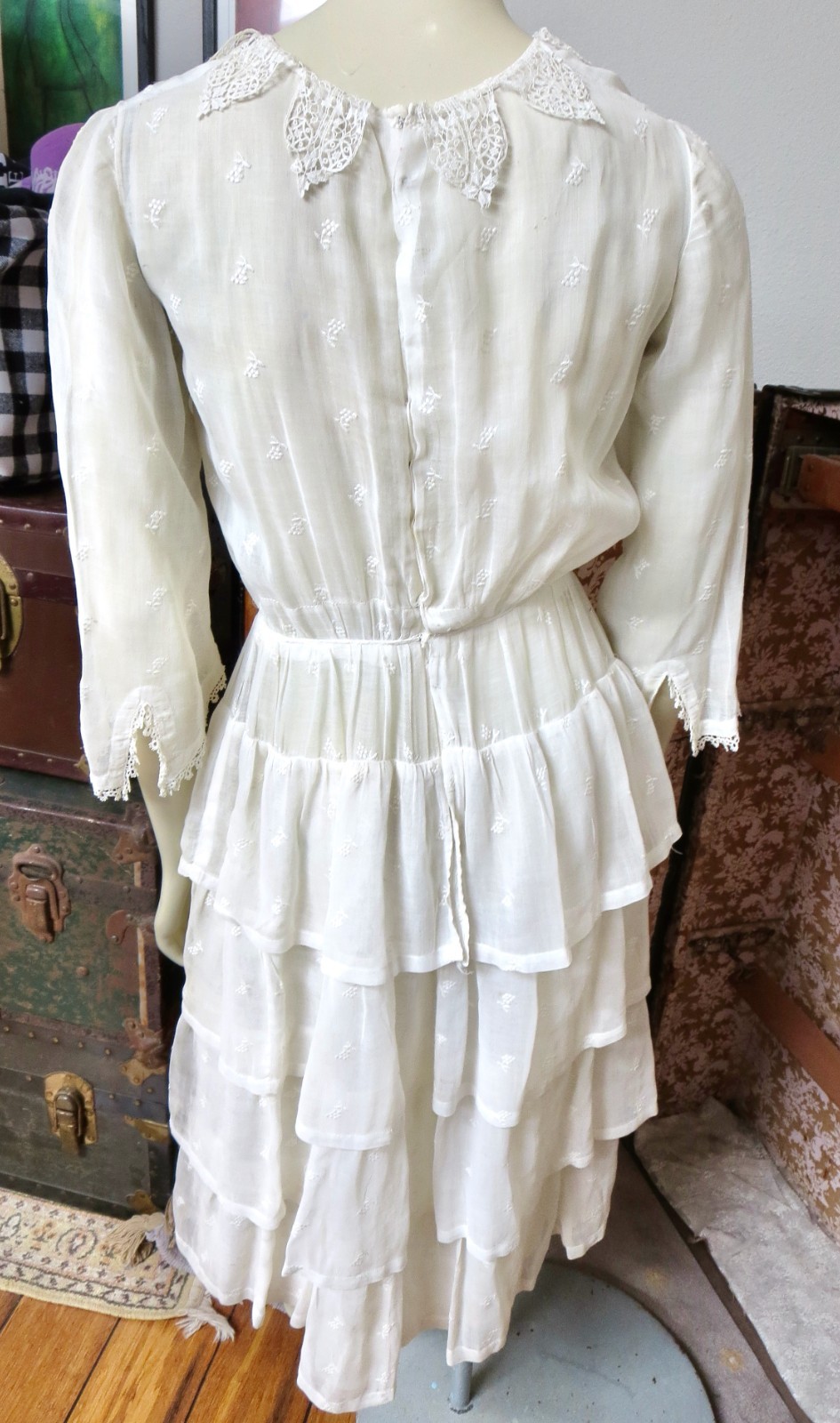 Edwardian White Sheer Cotton Layered Skirt Lace Trim Dress Grape Sprigs 36 Bust
