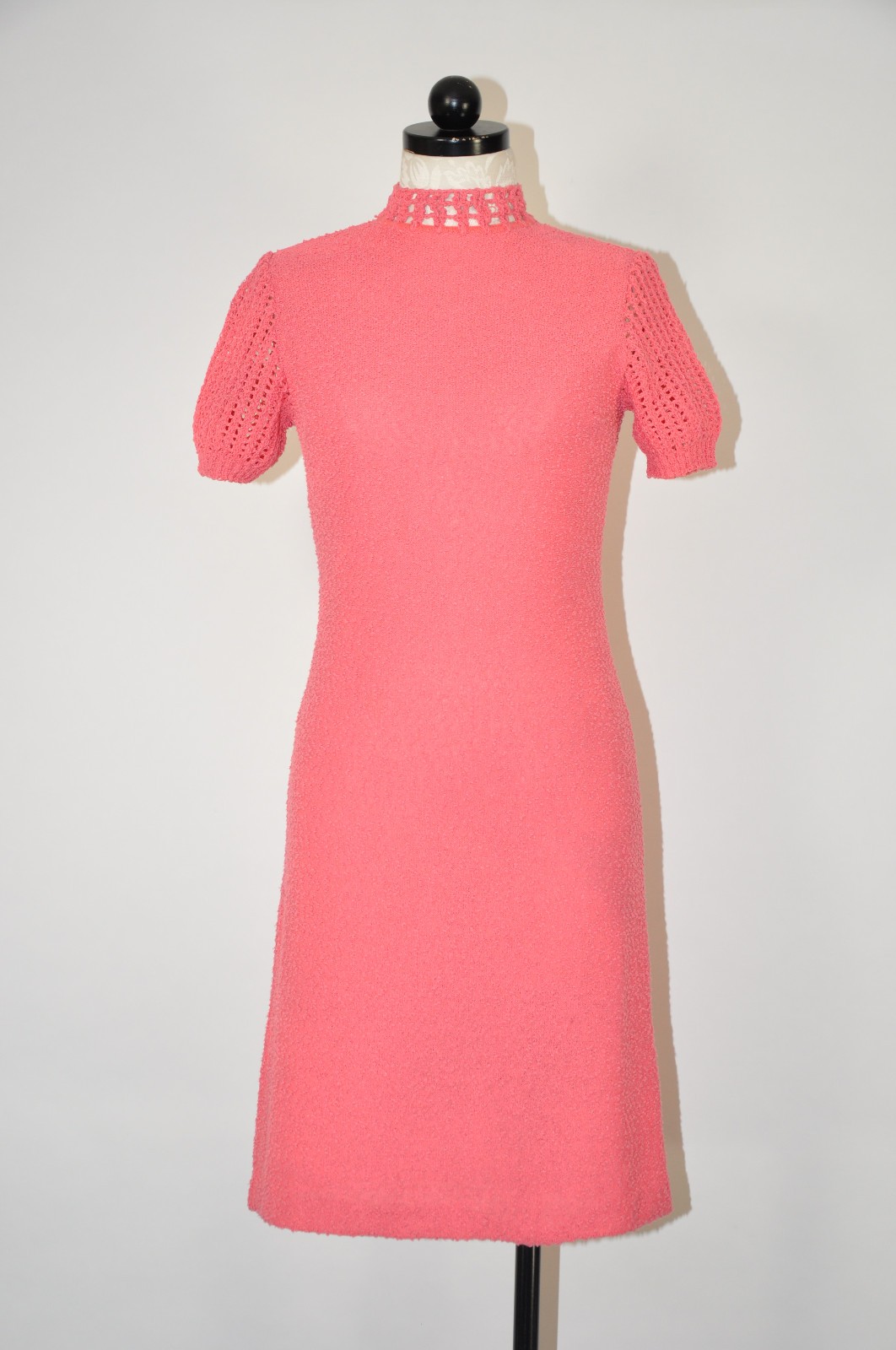 60s Vintage Salmon Pink Cotton Boucle Knit Short Sleeve Sweater Dress Women XS S