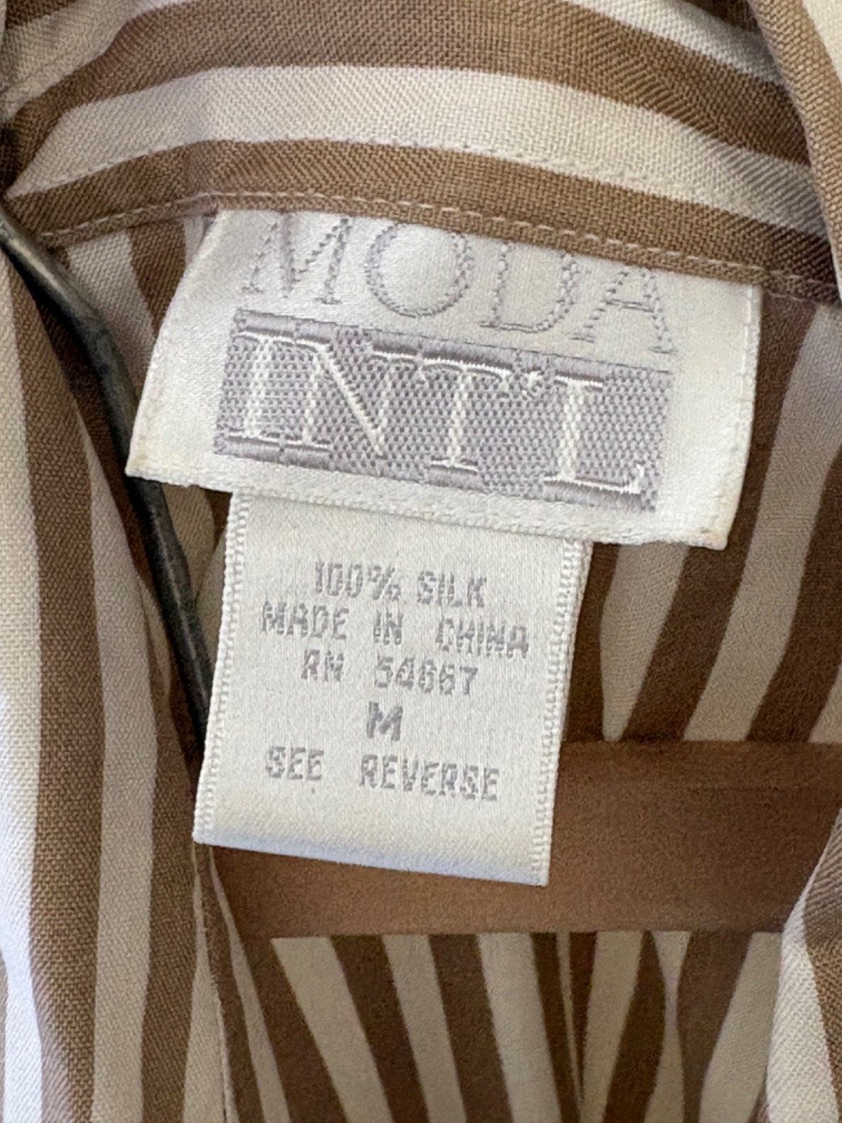 Vintage 1990s Silk Nude Striped Button Down Blouse M Sleek Minimalist Polished
