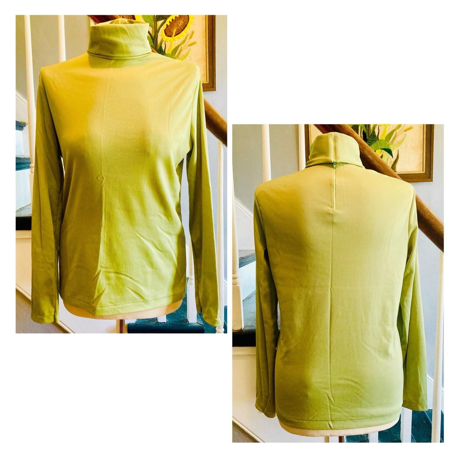 1970s Snap Pea Green Turtleneck Casual Mod Disco School Work 1960s Gogo