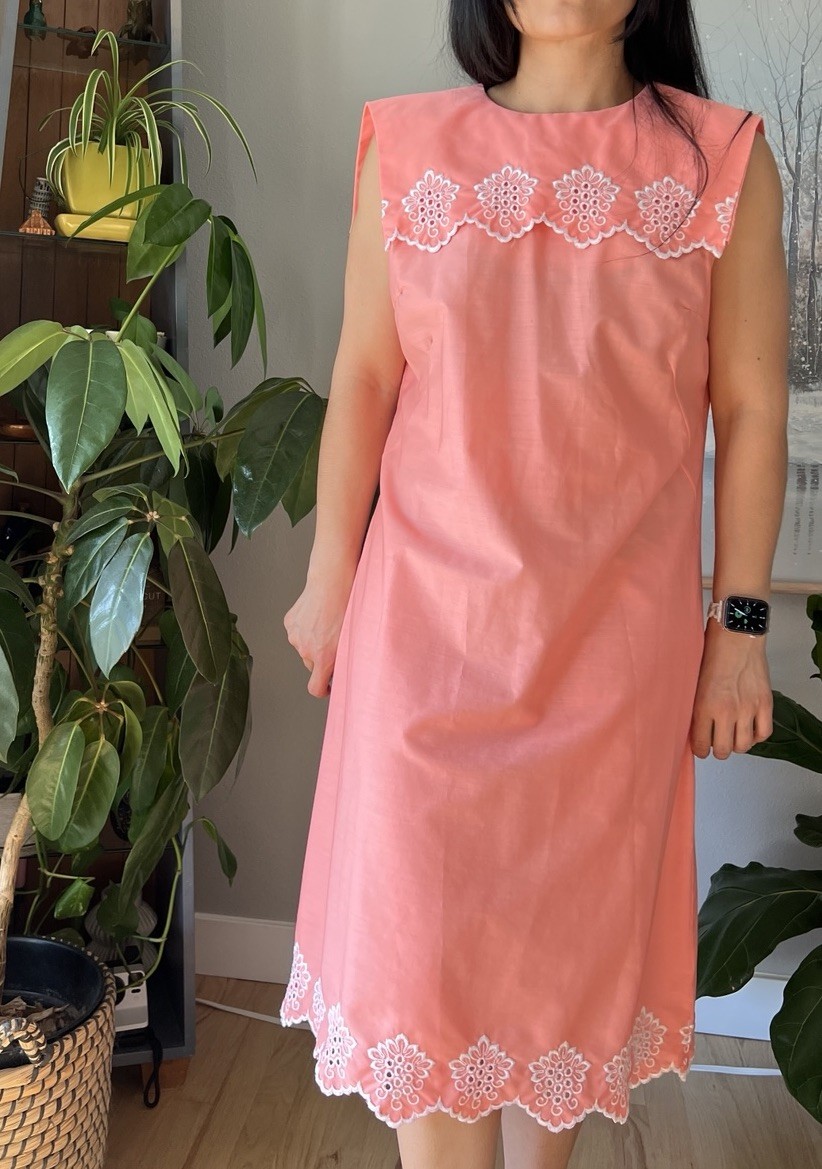 vintage 60s orange white embroidered sailor collar sheer mod midi dress medium