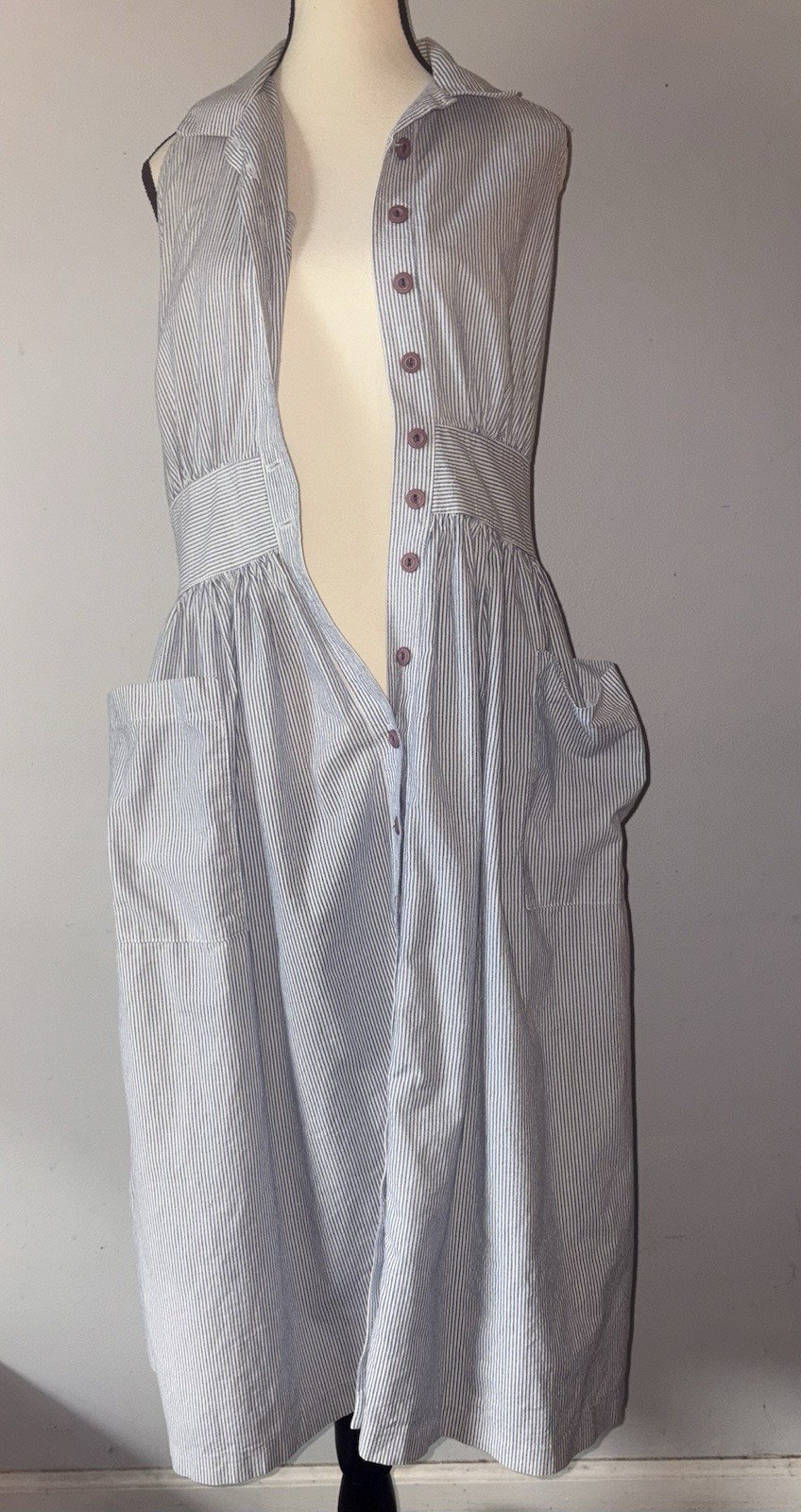 Vtg Virgo II Midi Dress Union Made Cotton Pockets Sleeveless Button Front 10