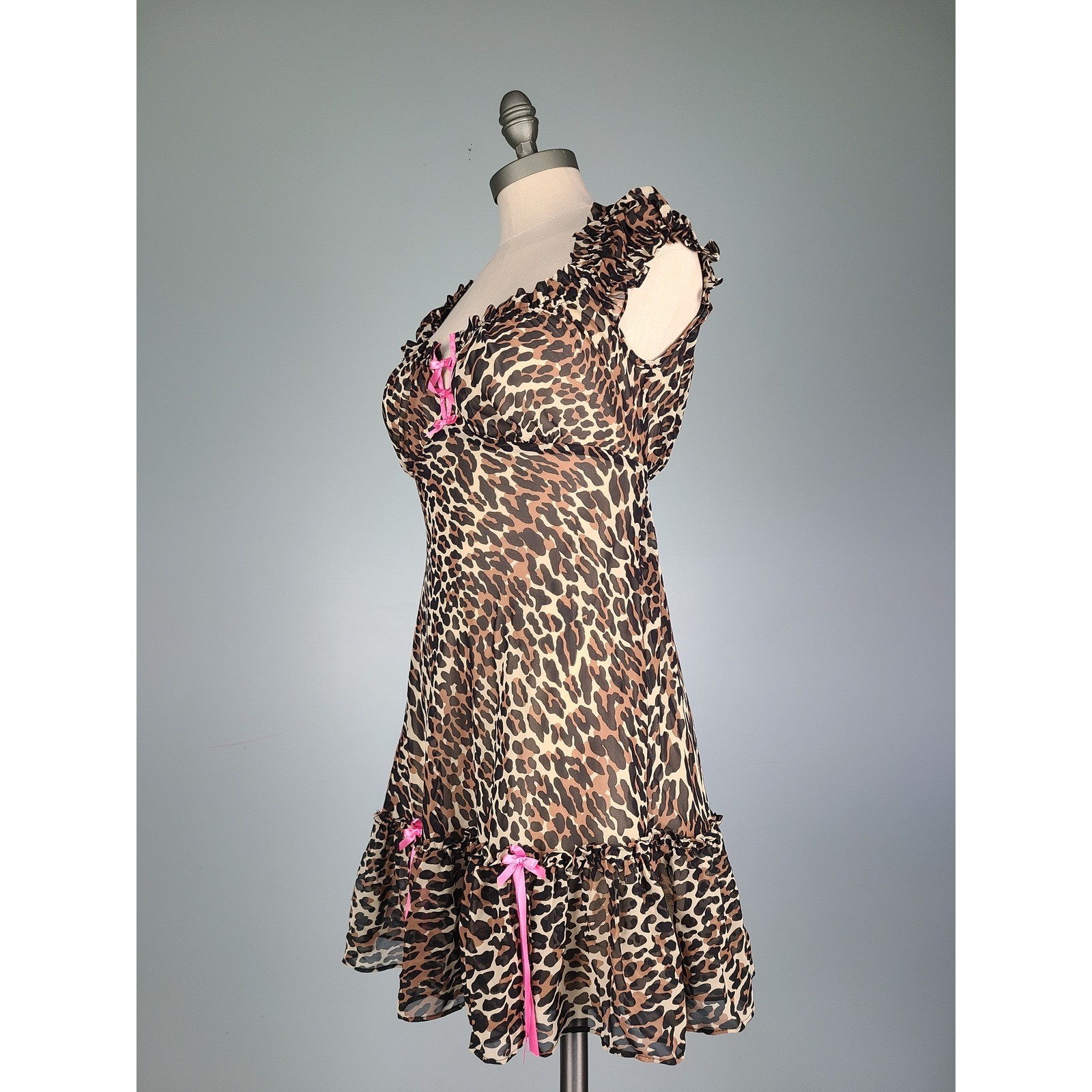 Y2K Betsey Johnson Sz S Mini Babydoll Dress Leopard Print Hot Pink Bows It Girl