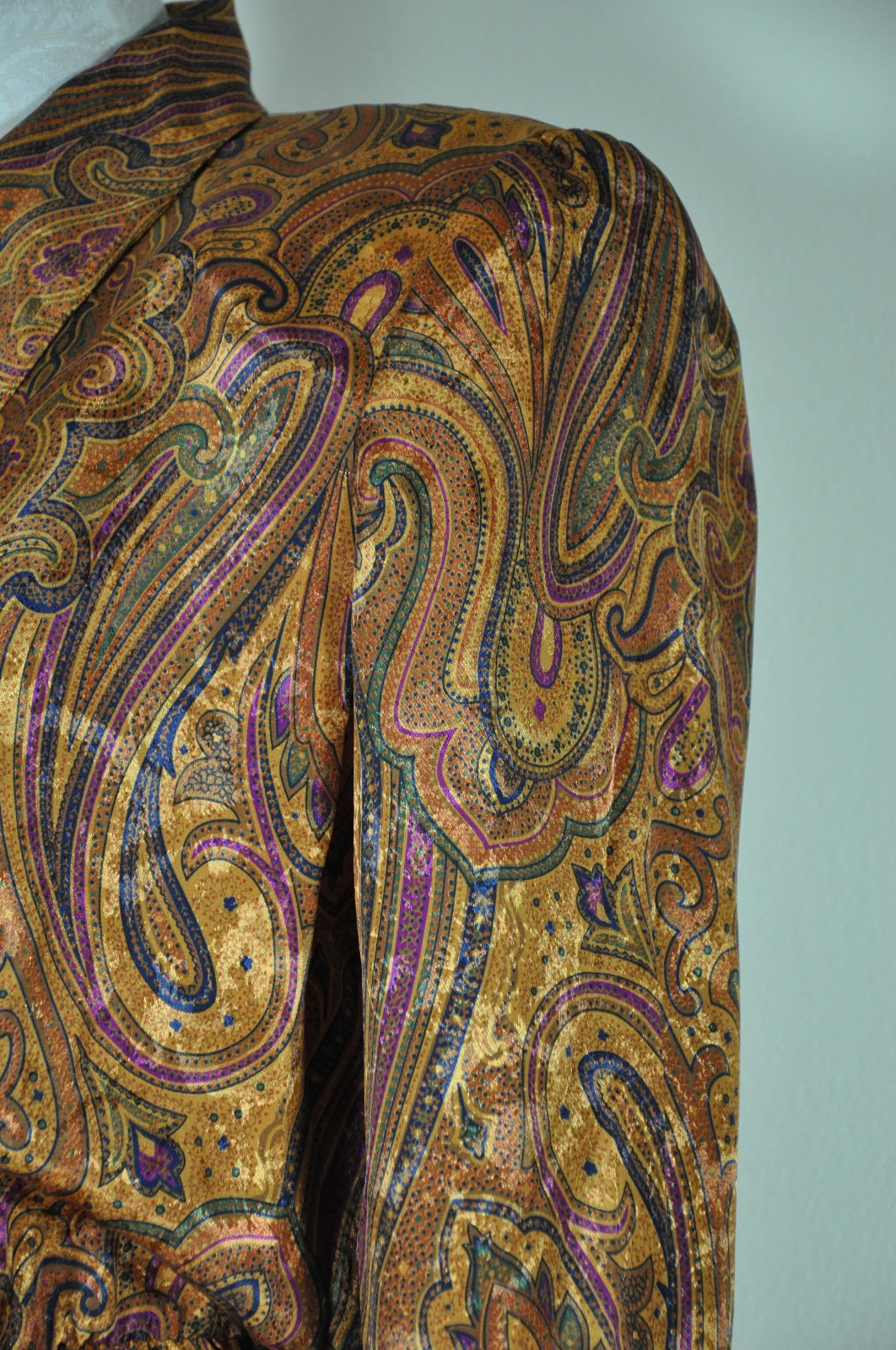 80s Vintage Spice Brown Silky Charmeuse Paisley Strong Shoulder Dress Women S M