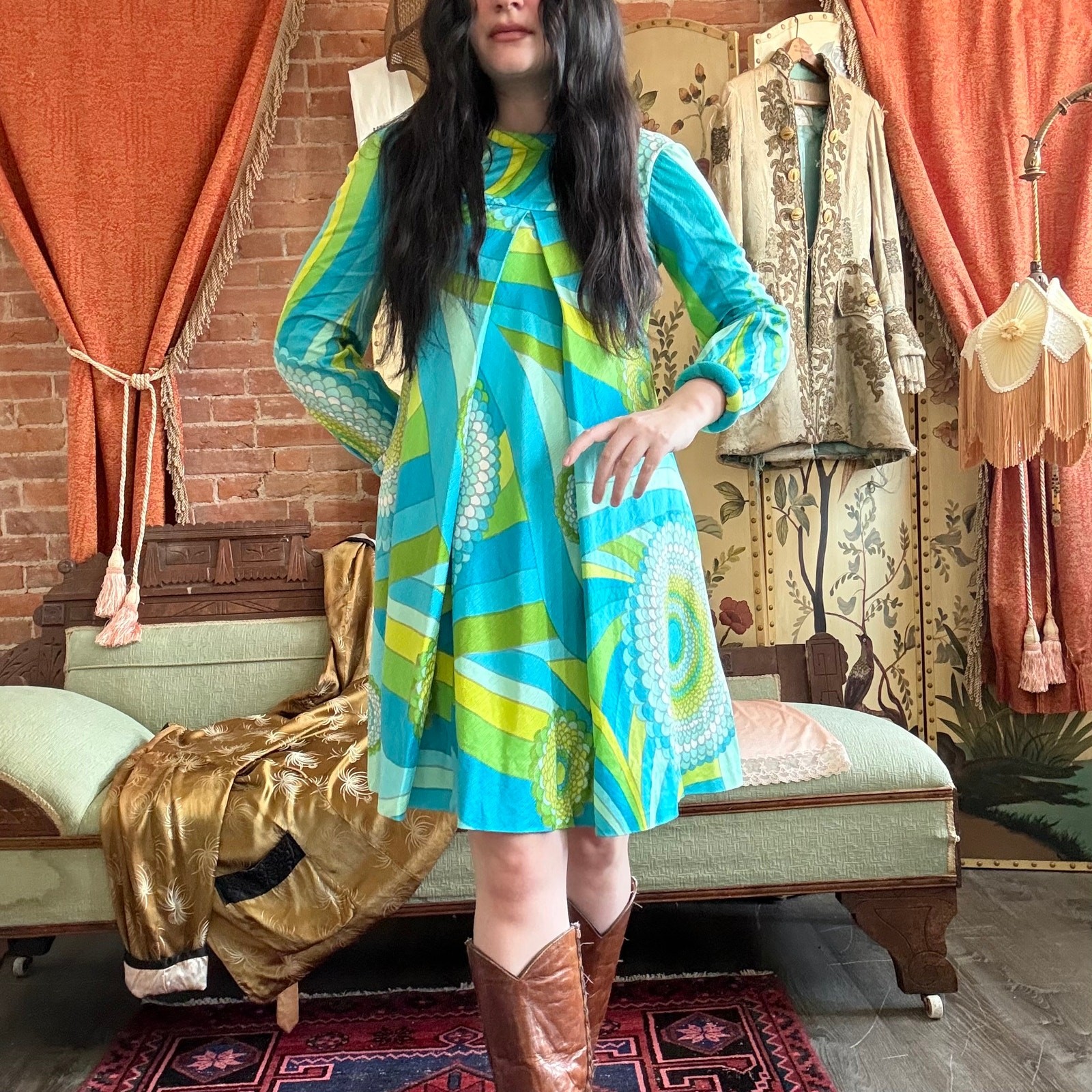 Vtg 60s 70s Psychedelic Mod Mini Dress Teal & Lime Mock Neck Trapeze Size XS
