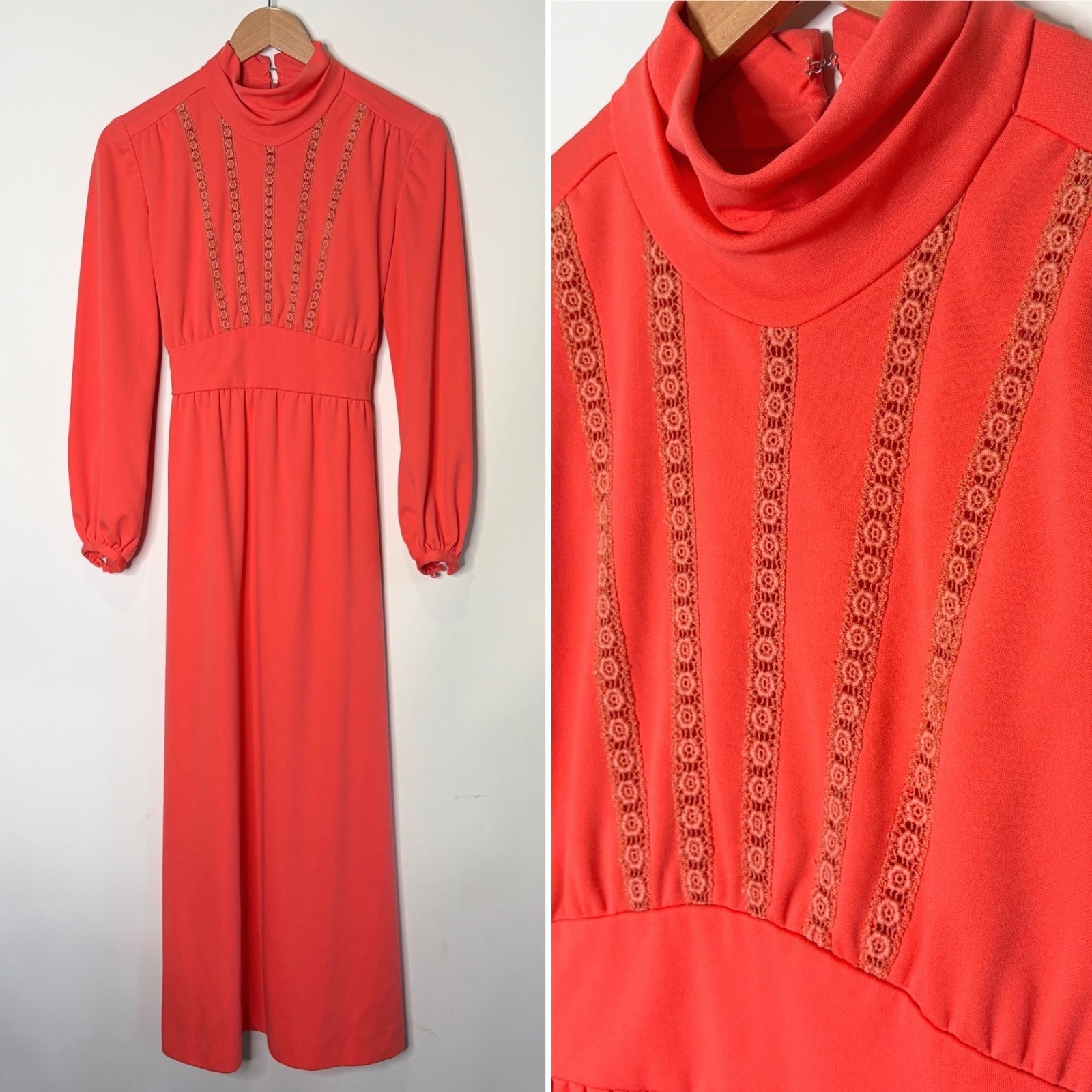 Leslie Fay Dress Vintage 70s Peach Coral Long Sleeve Mock Neck Women S/M