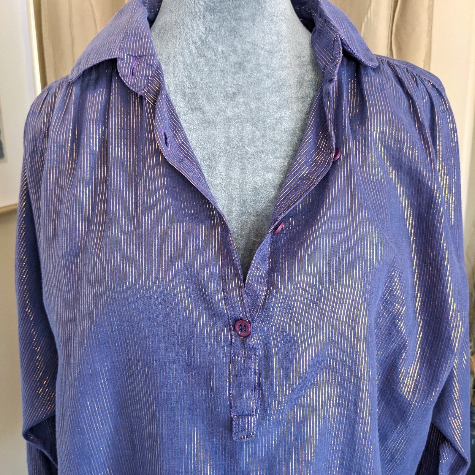 VTG 80s Metallic Gold Stripe Cotton Voile Blouse 14/L Purple Button Up Top India