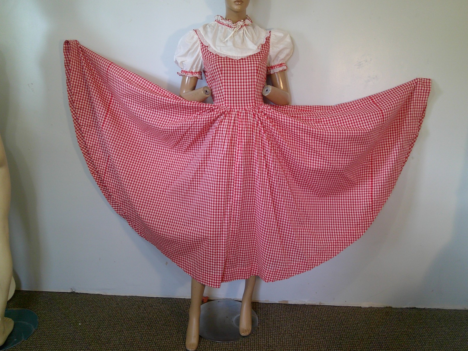 Vtg 70s Red/White Gingham Prairie Cottagecore 160″ Full Sweep Maxi Dress & Hat M