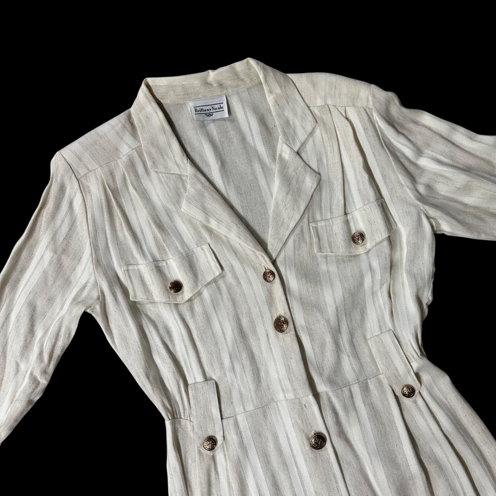 Vintage Cream Beige Dress Button Down Striped 1980s Brittany Nicole USA 13/14
