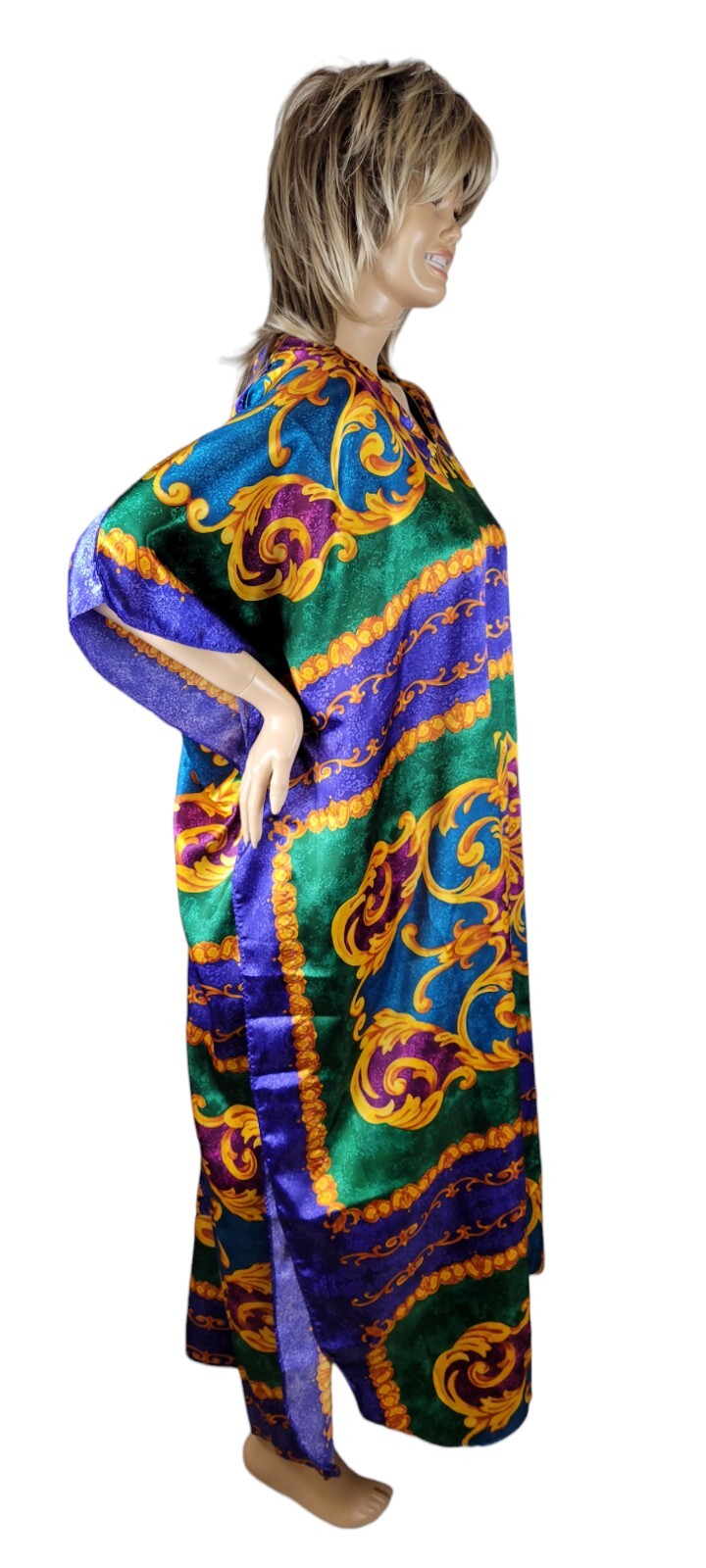 Vintage 1980s Winlar Baroque Short Sleeve Satin Kaftan House Dress One Size