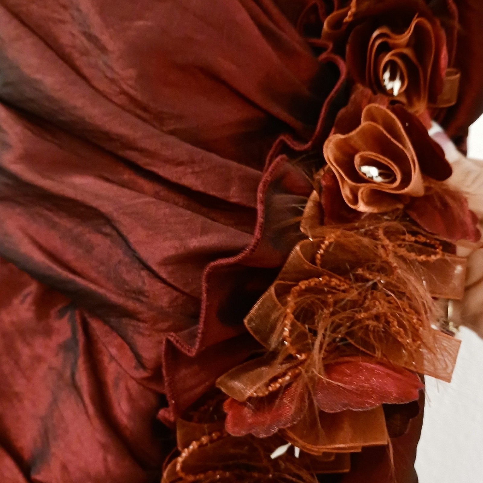 Red Satin Formal Dress 3D Roses Gown XS Burgundy Red Wedding Prom Evening Party