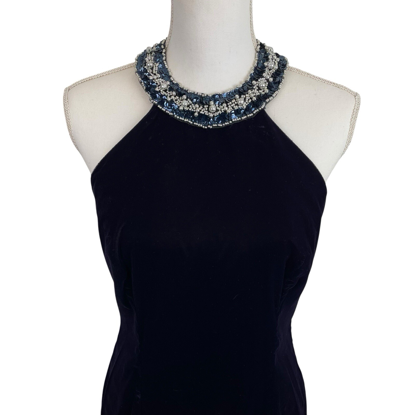 Niki Originals Size 10 Navy Velvet Sequin Beaded Halter Neck Dress 90’s Y2K VTG