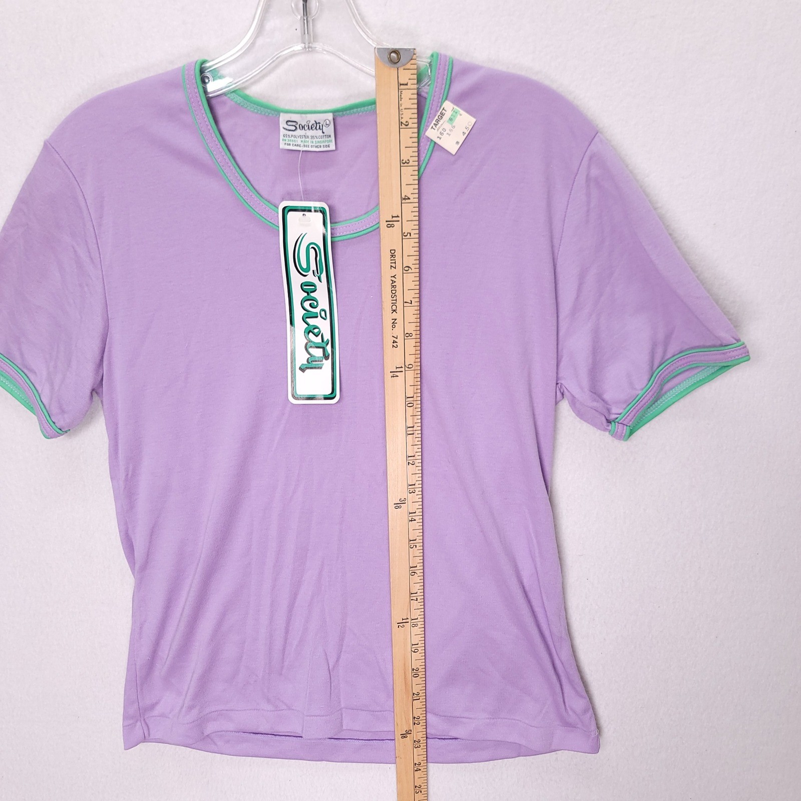 Vintage 90s Society Lavender Purple Mint Green Ringer Tee Shirt NWT Large