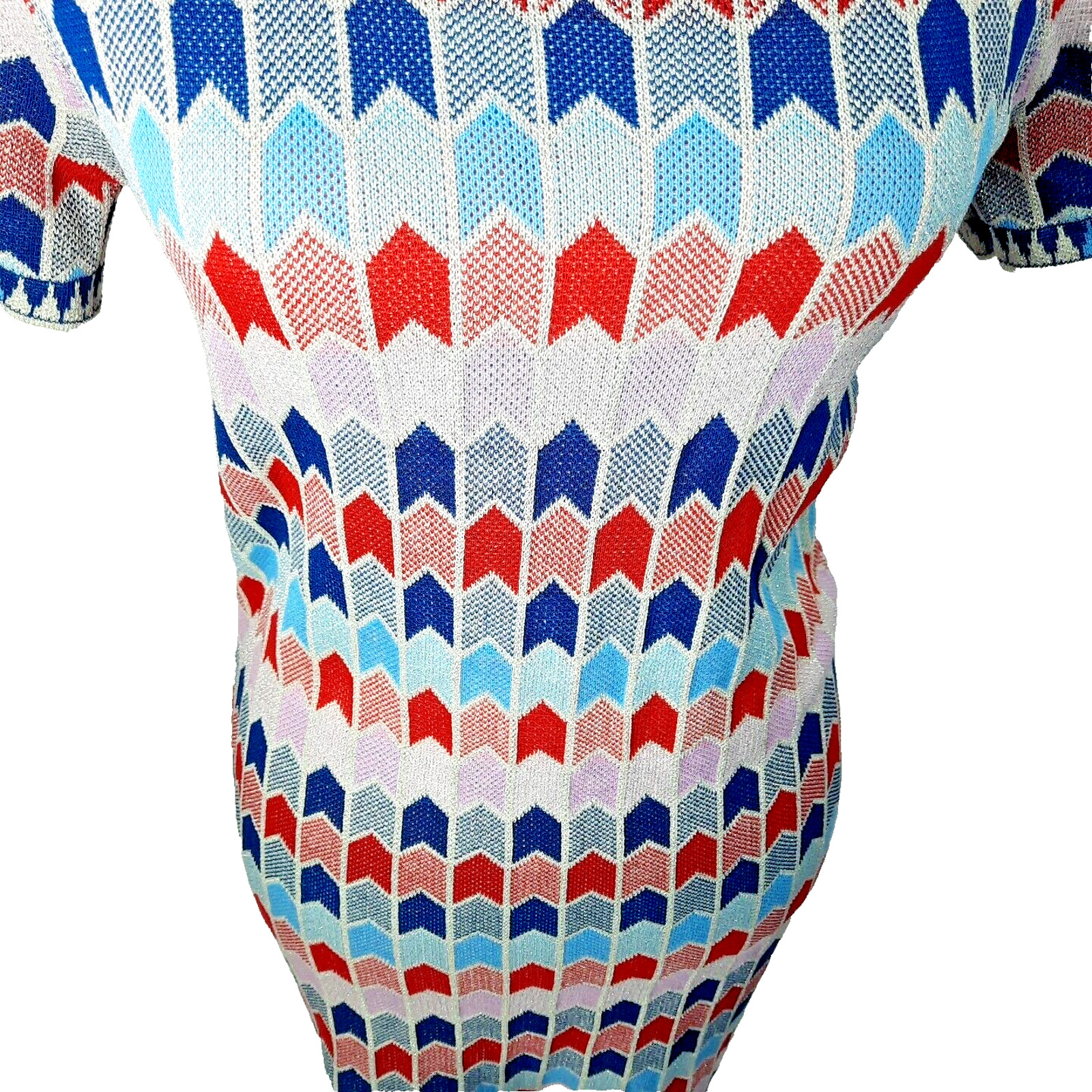 Vintage 60s MOD Geometric Silver Metallic Knit Dress Medium Red Pink Blue Retro