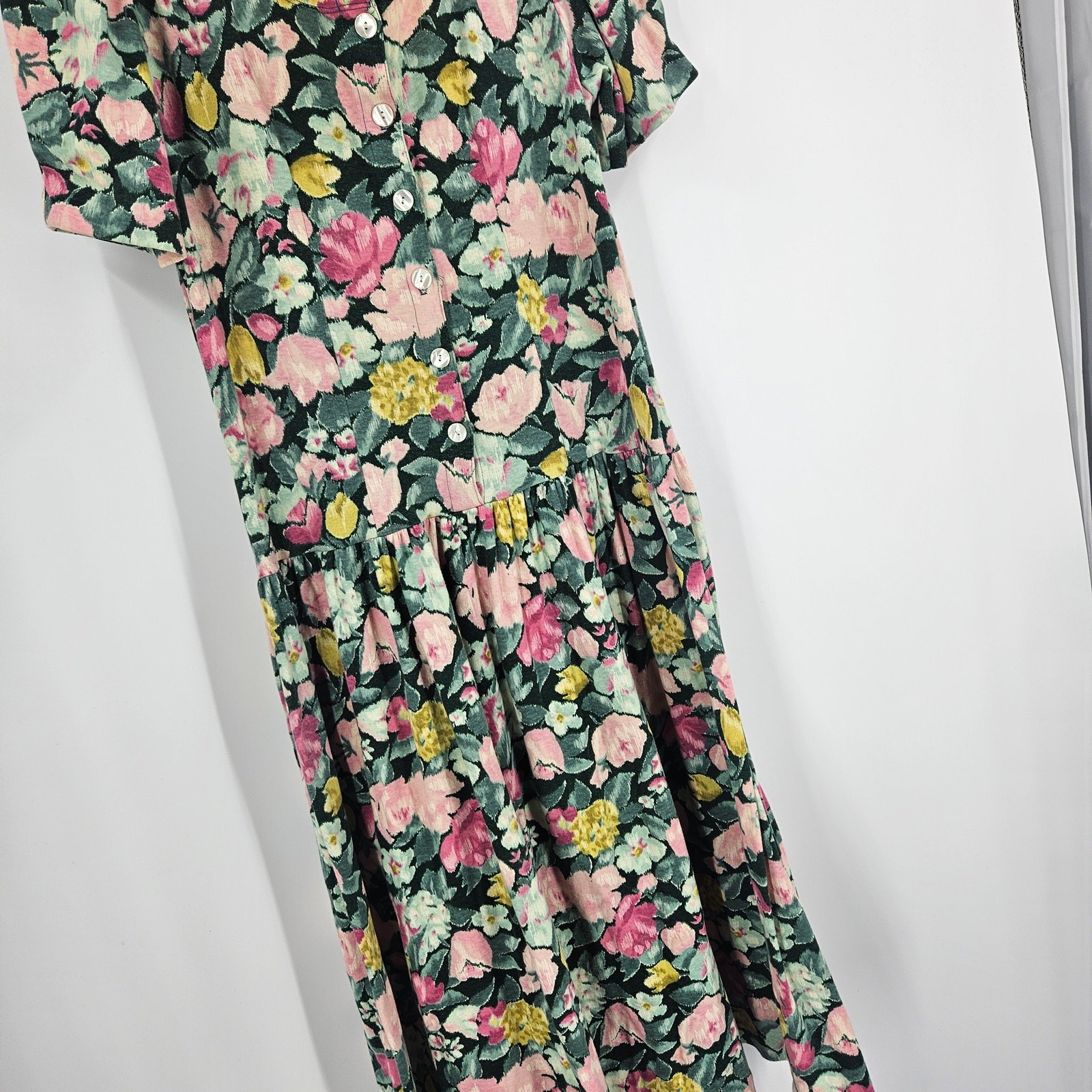 Vintage EXPO y2k 90’s Dress Green Pink Floral Grunge Button Front Midi Size 10