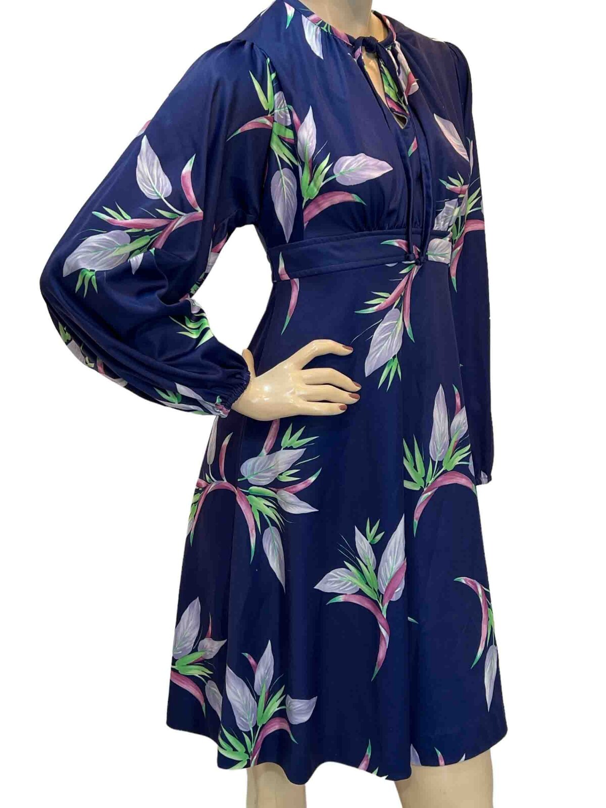 EUC S~M Vtg 70s Dress Navy BLUE Floral Petals High Waist Wide Sleeve BOHO Knit
