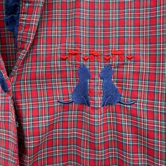 Vtg nightgear sleep wear plaid Shirt Nightgown embroidered cat & mouse