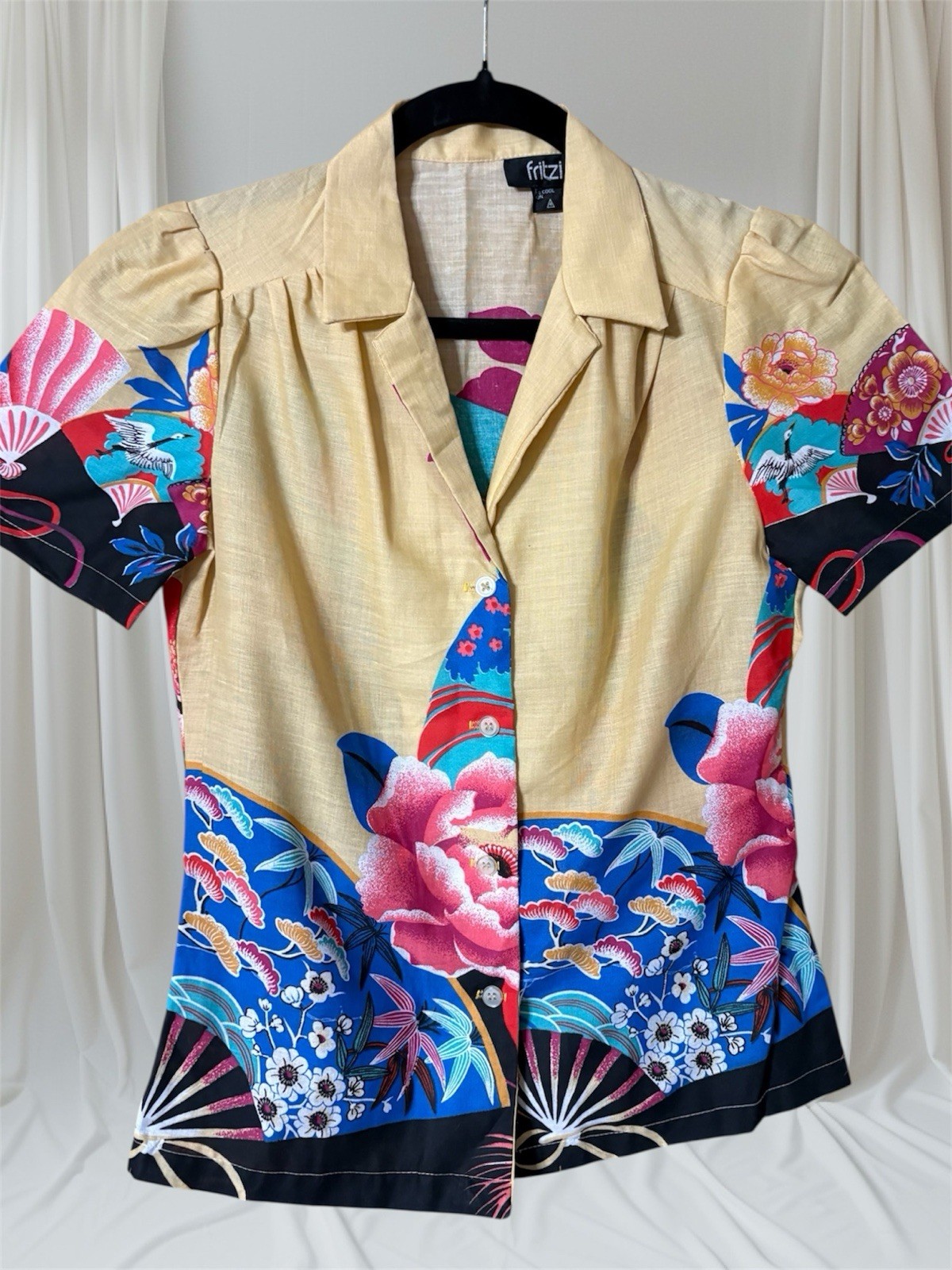 VTG 1980s Fritzi Asian Inspired Blouse AOP PRINT Asian Fans & Cranes XS B-34”
