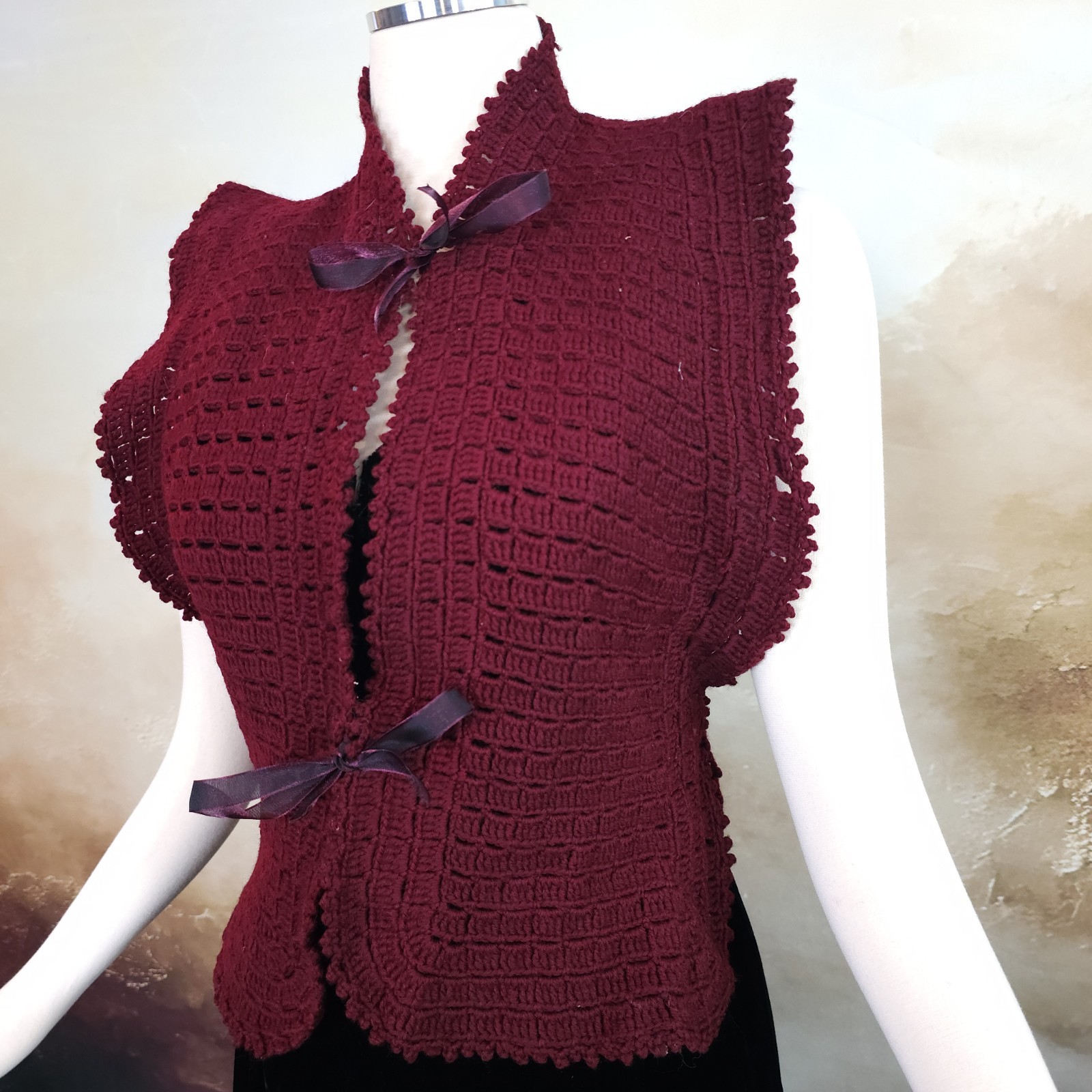 Burgandy Red Crochet Antique Vest 1920s 1930s Art Deco Sweater Shawl Bow Ties…