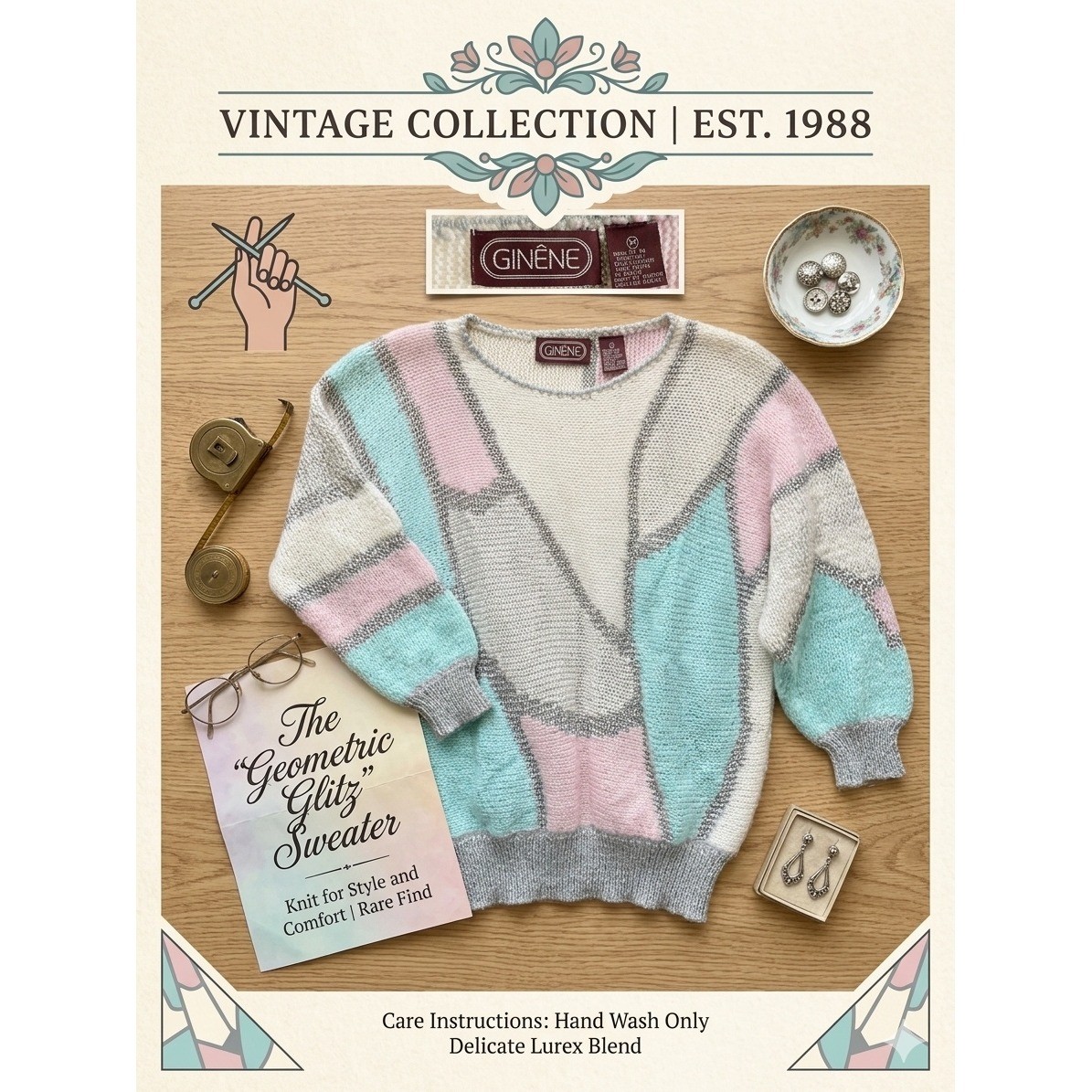 Vintage Ginenne M 80s Colorblock Sweater Pink Aqua Silver Metallic Wool Acrylic