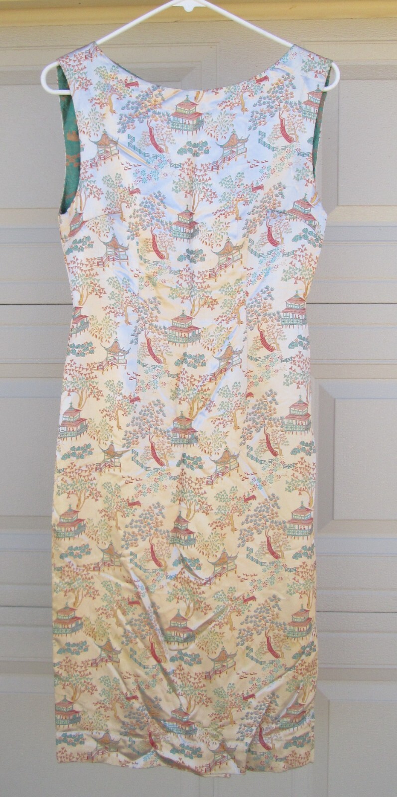Asian Silky Cocktail Dress Peach Red Yellow Turquoise Blue Landscape Vintage