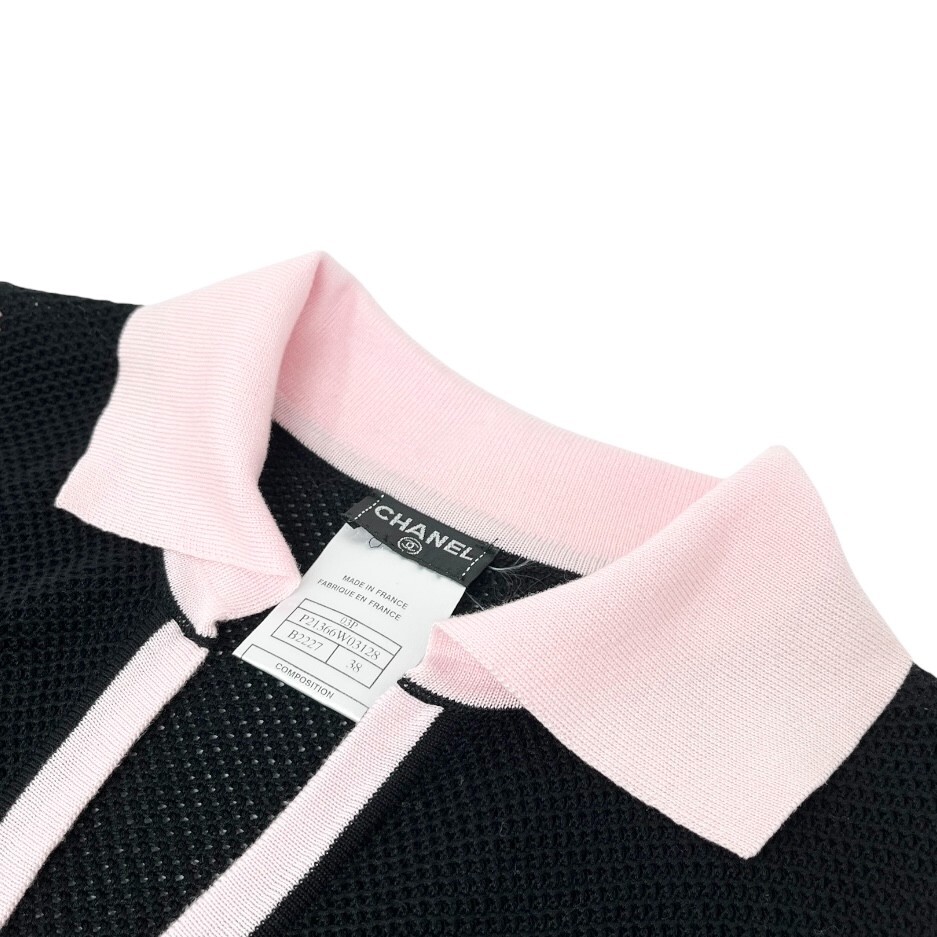 CHANEL Vintage 03P CC Logo Mesh Knit Tank Top #38 Black Pink Cotton Rank AB+