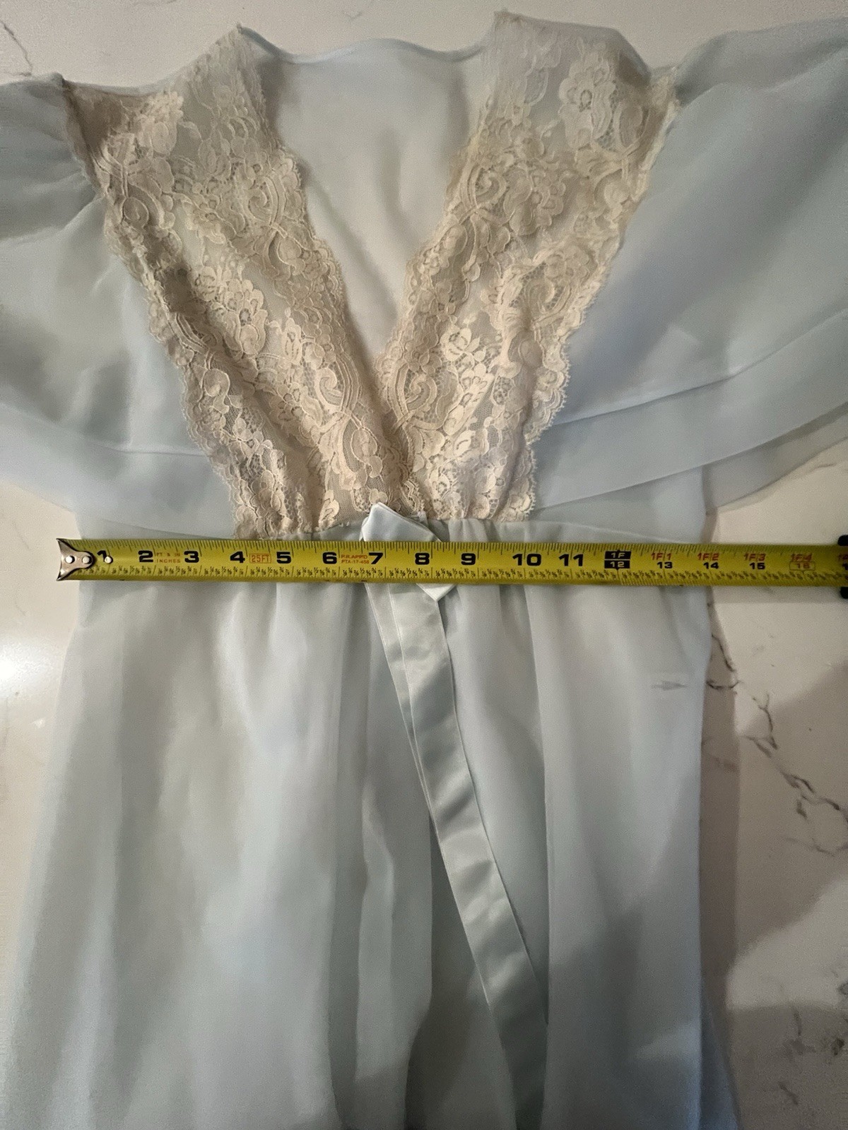 Vtg Shadowline Peignoir Blue Sheer Robe W Cream Lace & Flutter Sleeve PETITE