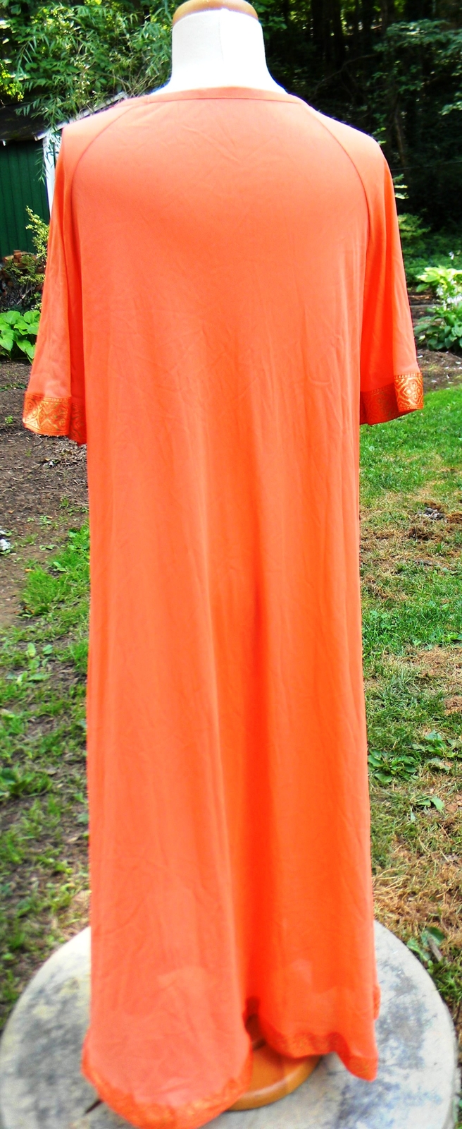 Vintage Enka Crepeset Mistee Nightgown Loungewear Orange Gold Trim Caftan Robe M