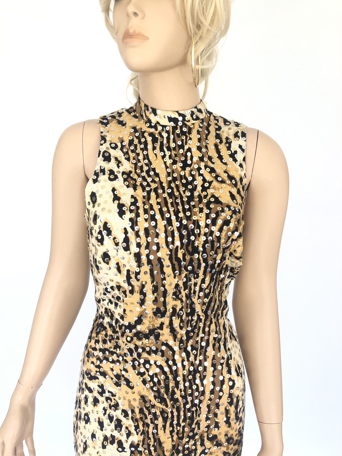 Leopard Sequined Dress Mollie Parnis DESIGNER Midi Long Leg Slit Shift Vintage