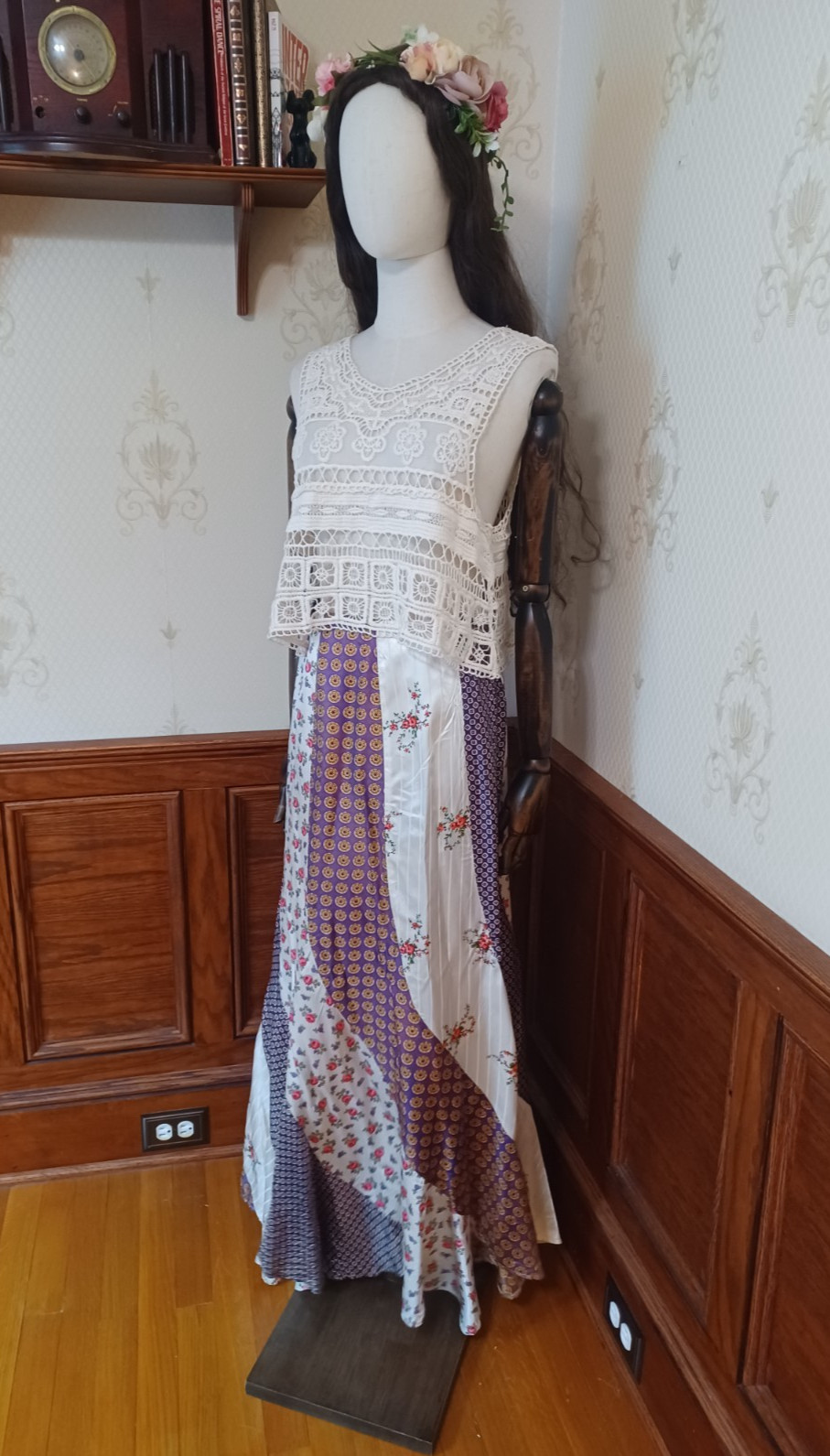 Vintage 1970s Boho Hippie Cottagecore Satiny Patchwork Maxi Skirt w/ Top