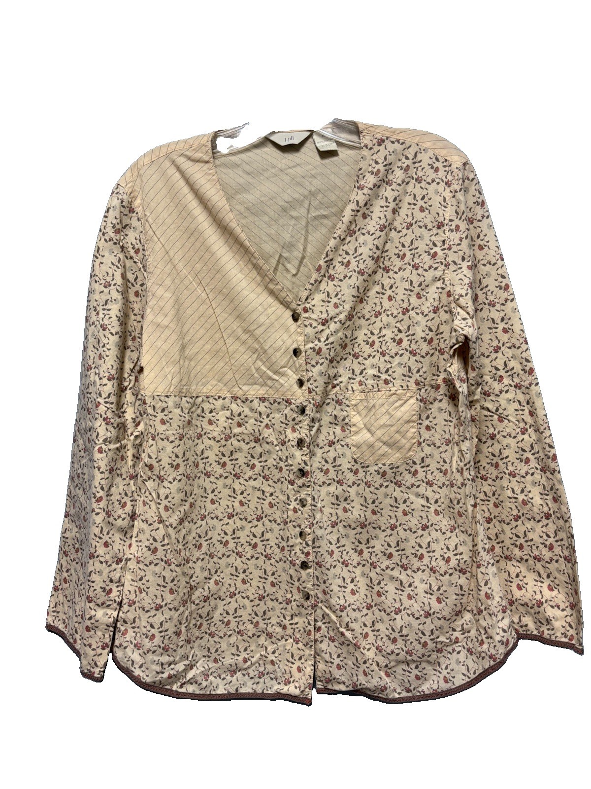 J Jill Patchwork Cottagecore Button Up Blouse Sz M Chic Boho Mixed Pattern