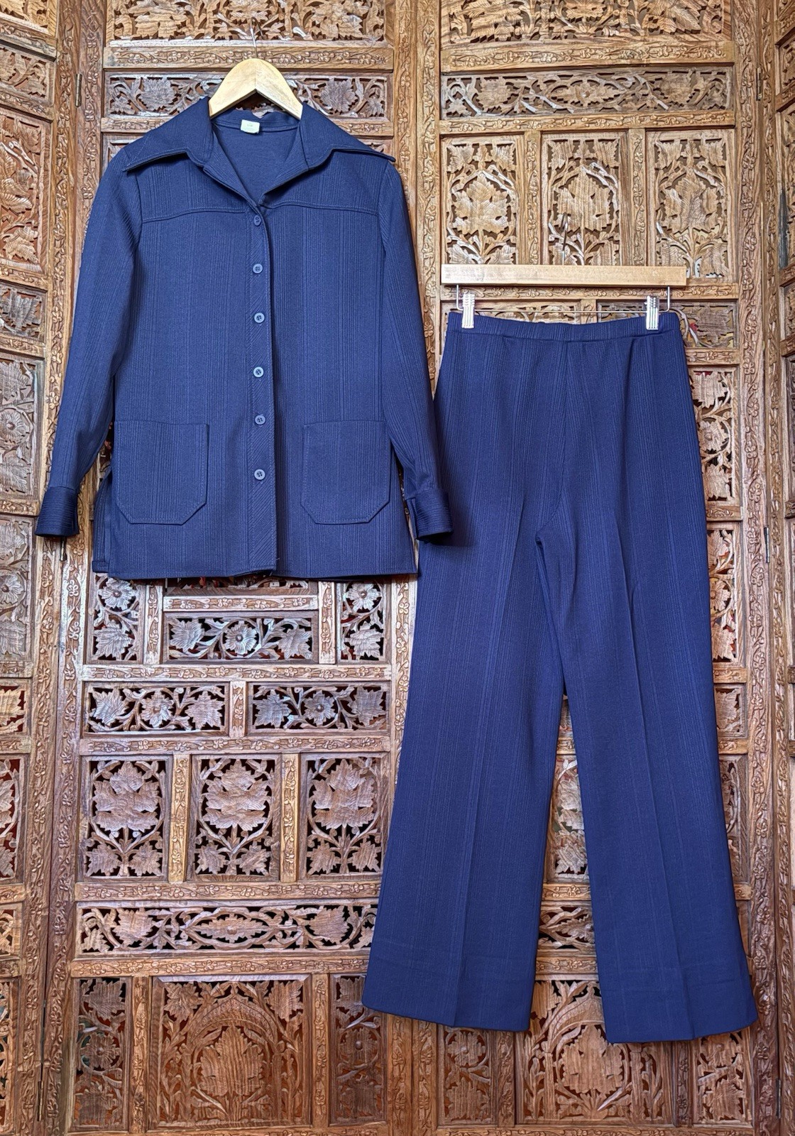 Vintage 70s Polyester Pant Suit 2 Piece Set MCM Leisure Mod Disco Navy Blue