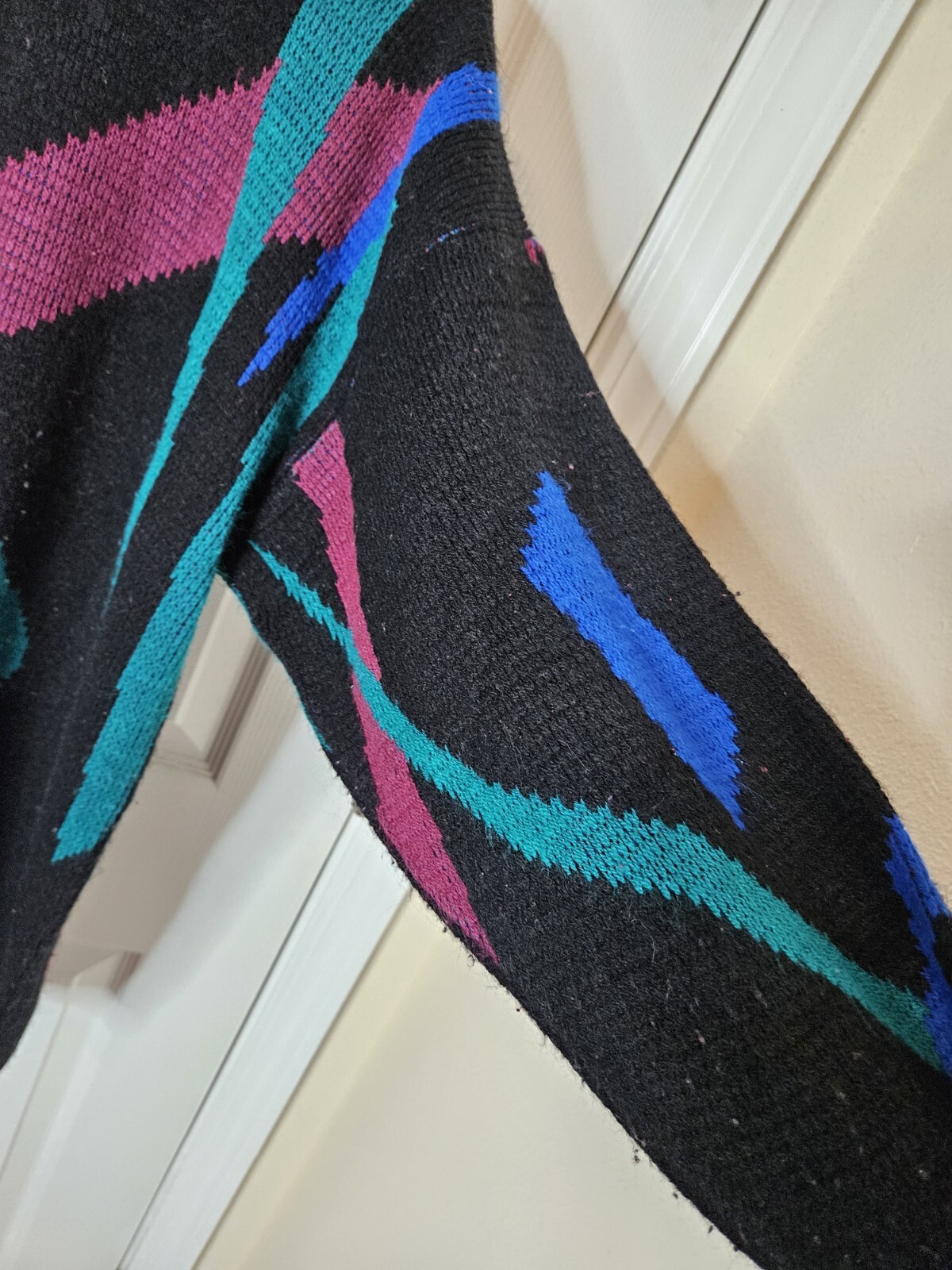Vintage French Navy Multi Color Knit Ribbed Long Sleeve Sweater Size Large USA