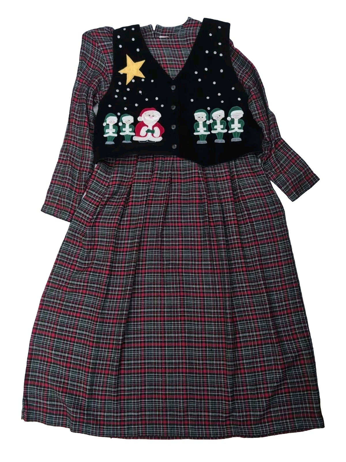 Country Wear Christmas Plaid Vested Long Dress , Vintage Size 12 ,Dry Clean Only