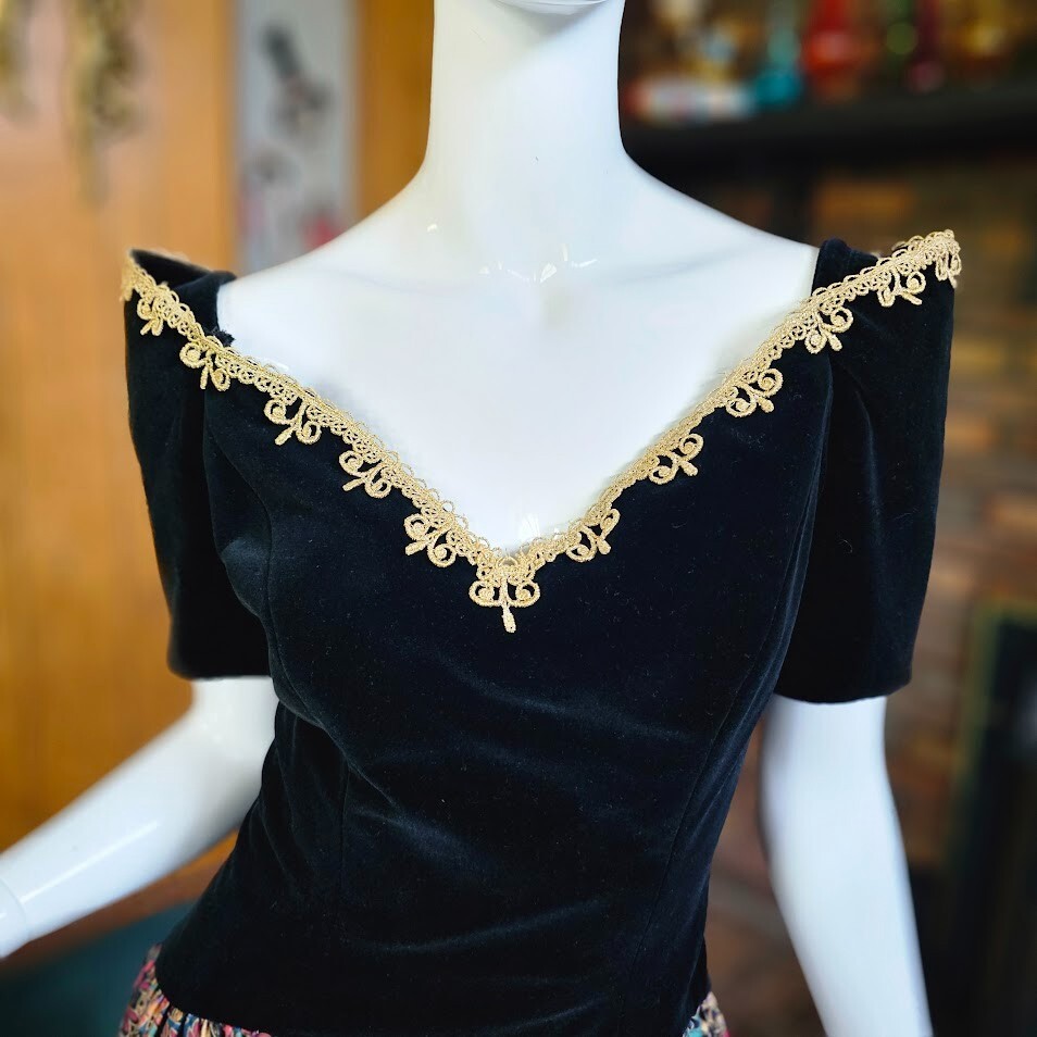 Vtg 80s Ornate Maximalist Off Shoulder Velvet Formal Evening Dress Ball Gown M/L