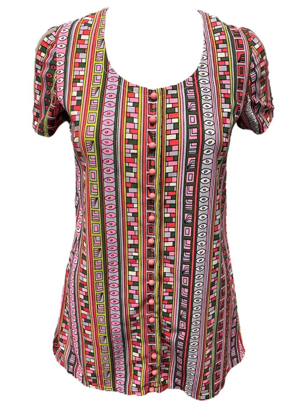 Vintage 60s Mod Pink Multi Geometric Abstract Mini Shift Dress Womens Size Small
