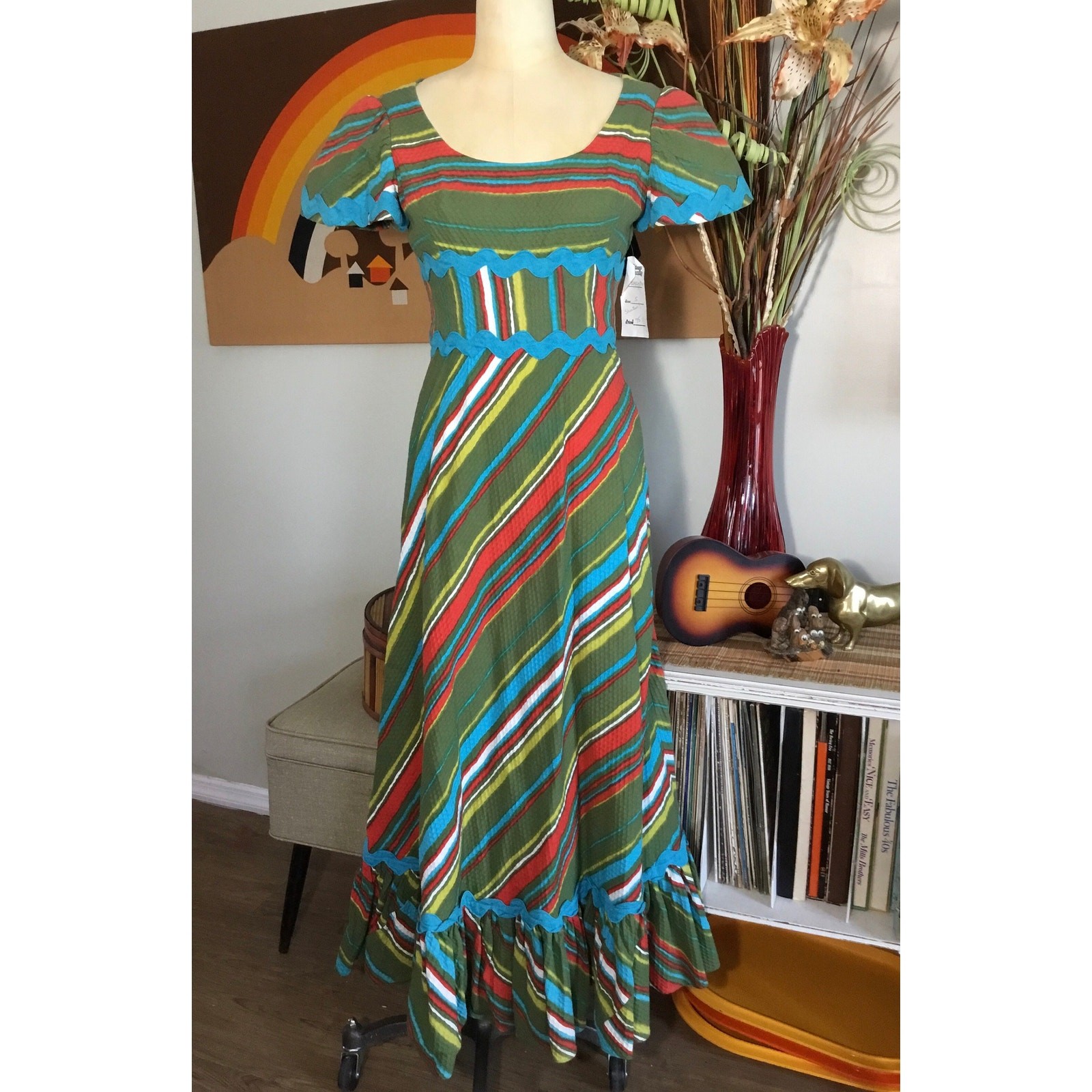 1960s Harmay St Amour Striped Maxi Dress Vintage Piquet Cotton Mod Rainbow Gown