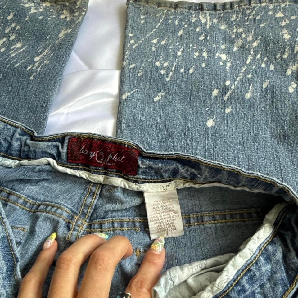 Baby Phat Vintage Y2K Flare Jeans Blue Paint Splatter Cat Logo Denim Size 3
