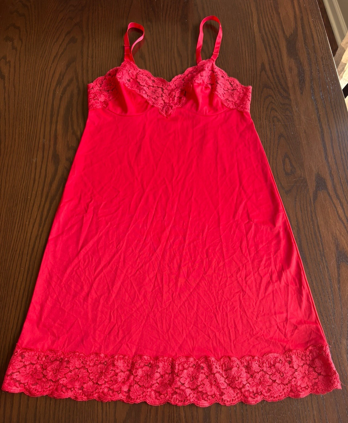 Shadowline Red Lace Trim Nylon Slip, Petite 32 Short, Lace Fabric