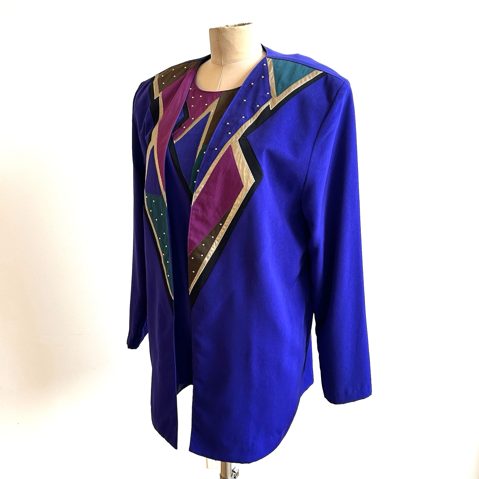 Vintage 80s City Girl 3 Piece Suit Embroidered Patchwork Jacket Blouse Pants M
