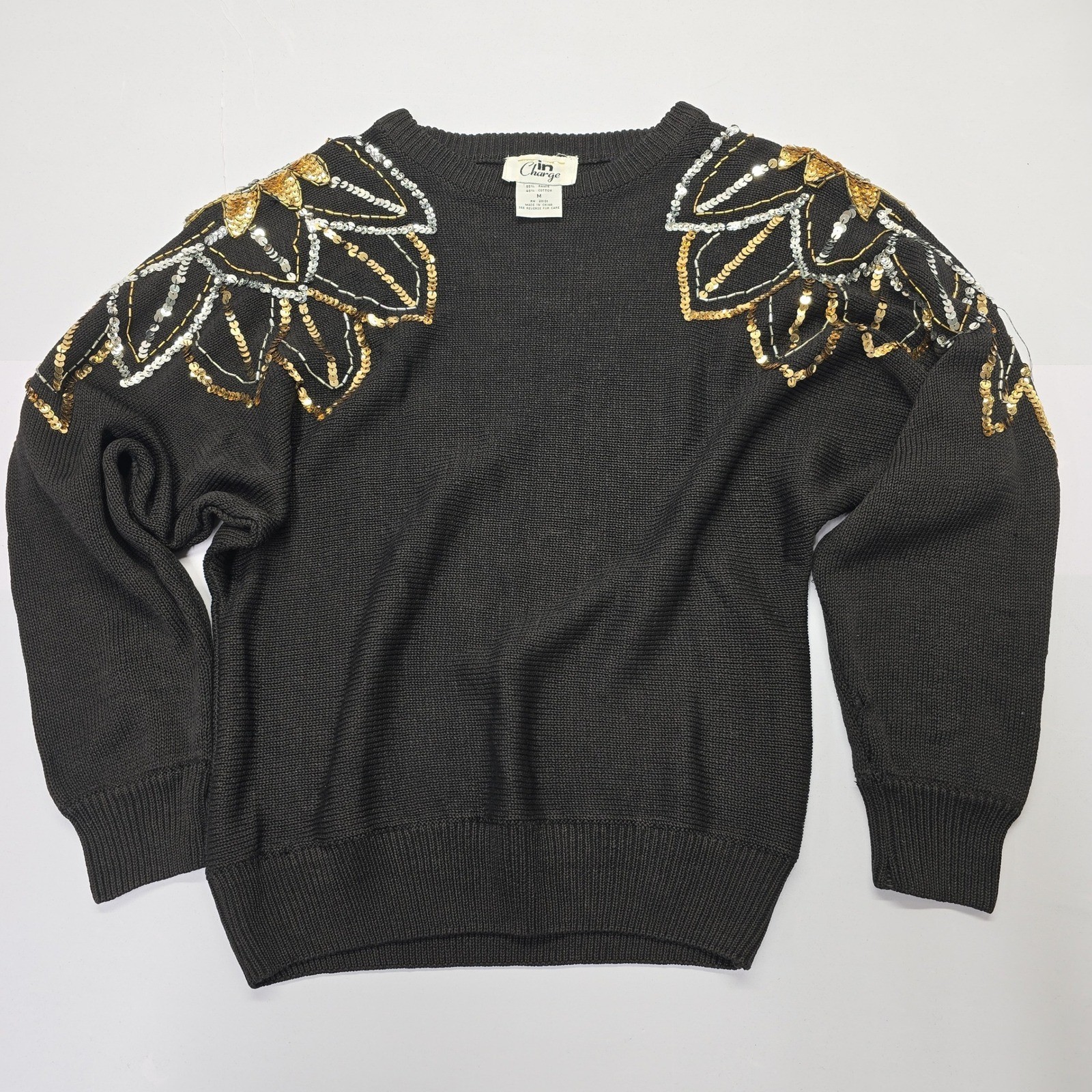 Vintage In Charge Black Sequin Beaded Sweater Womens Medium Gold Silver Ramie M