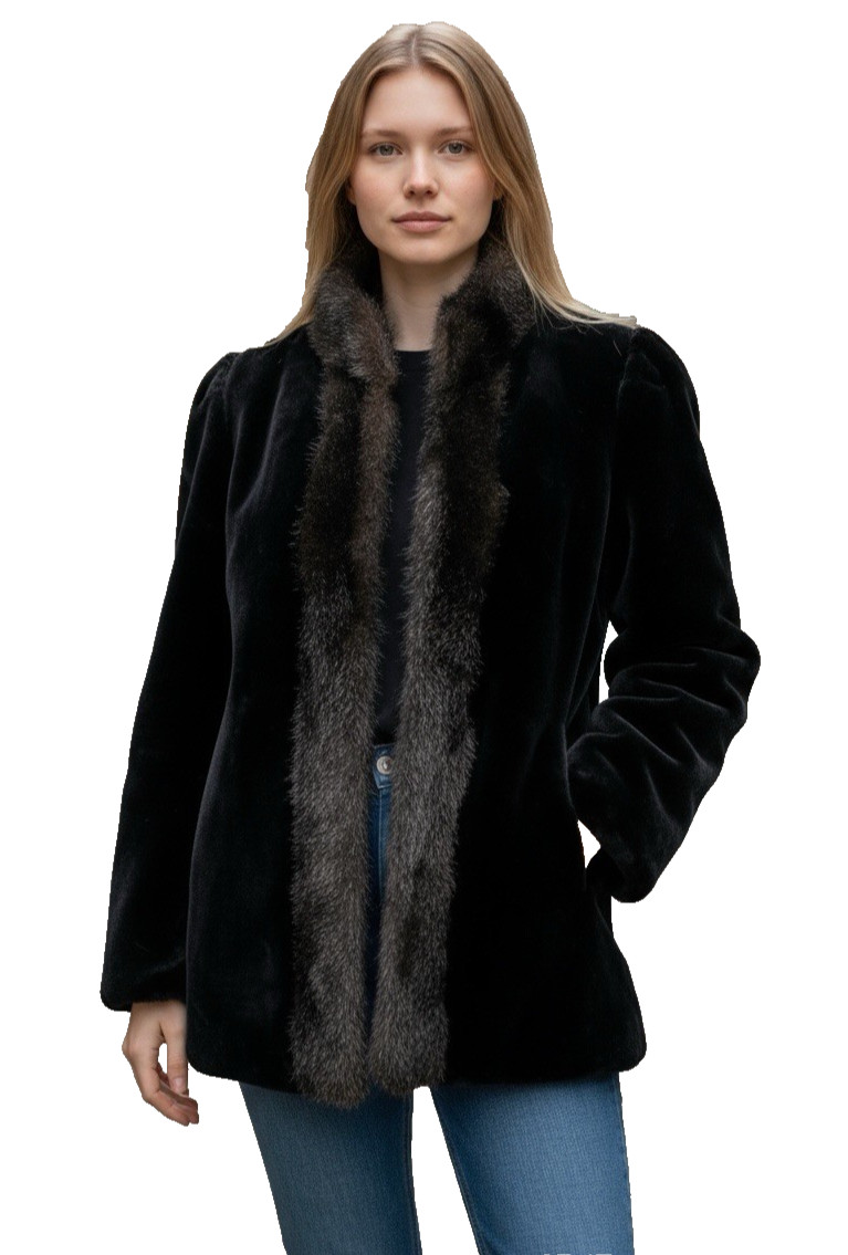 Vintage Milady Shop women’s coat black faux fur open front USA Made size S