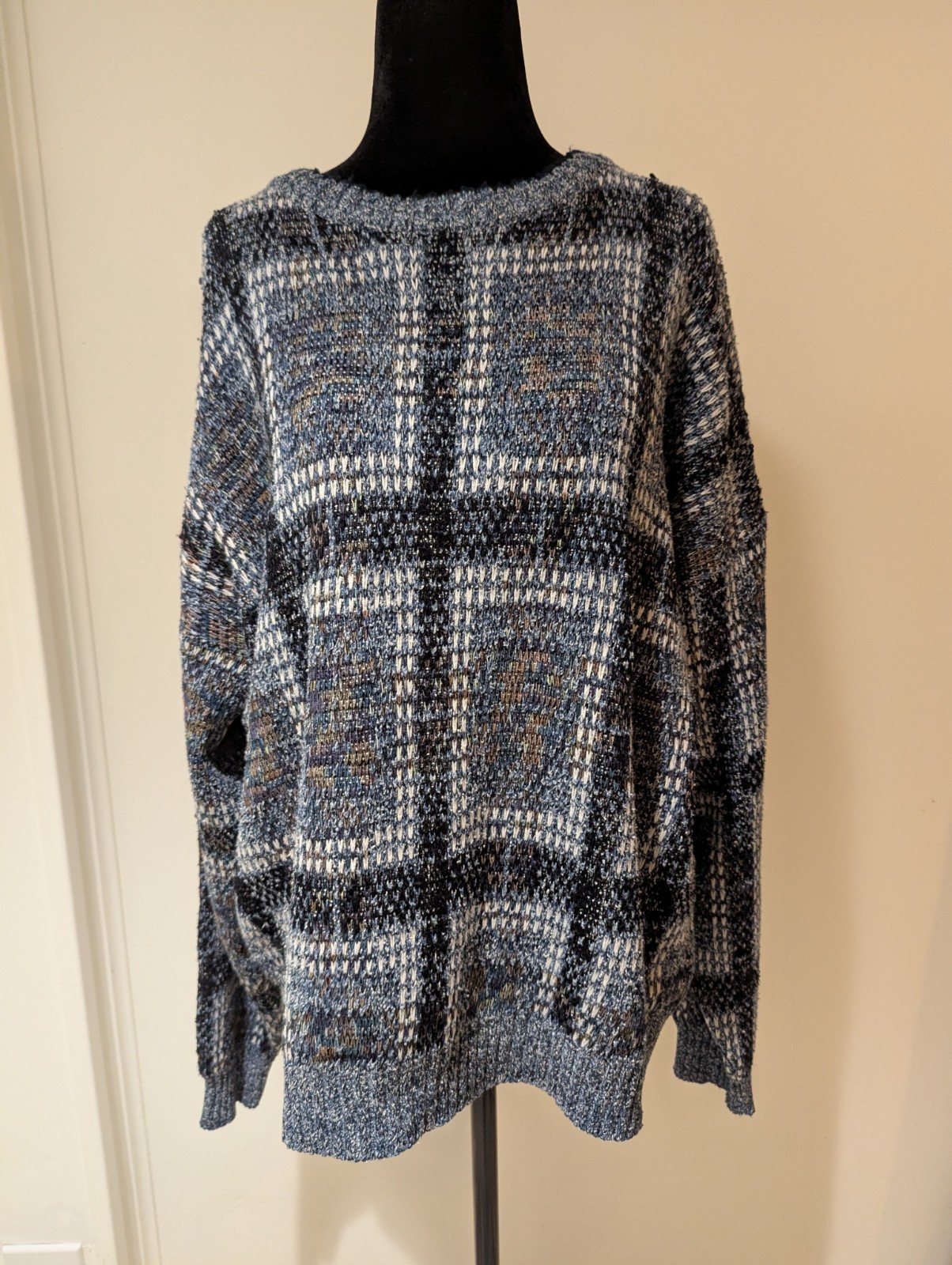 Vintage 1990s Mens Method Blue Black Brown White Sweater Pullover Grunge XL