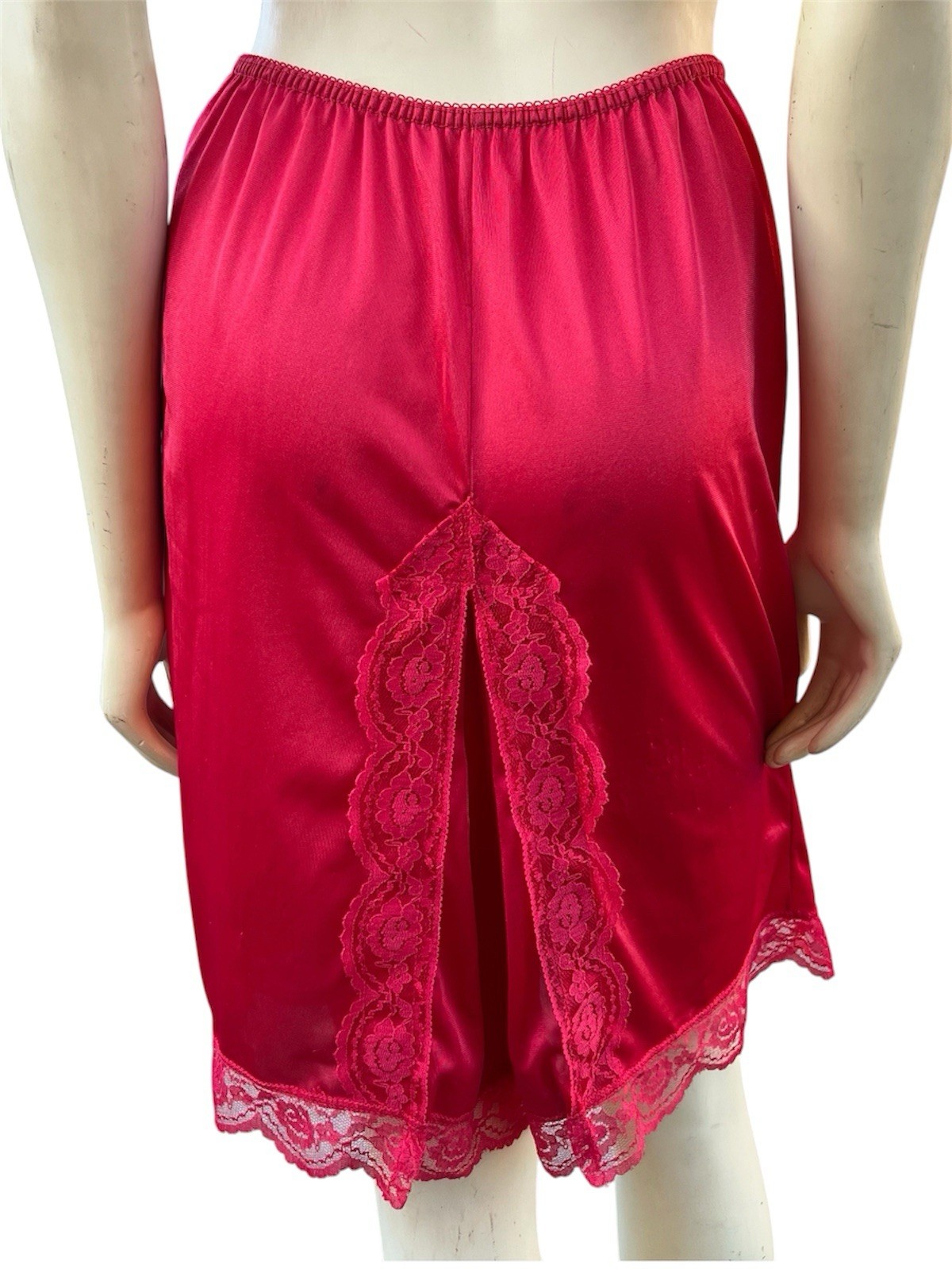 Vintage Red Nylon Slip Skirt Shorts Medium With Lace Split Back